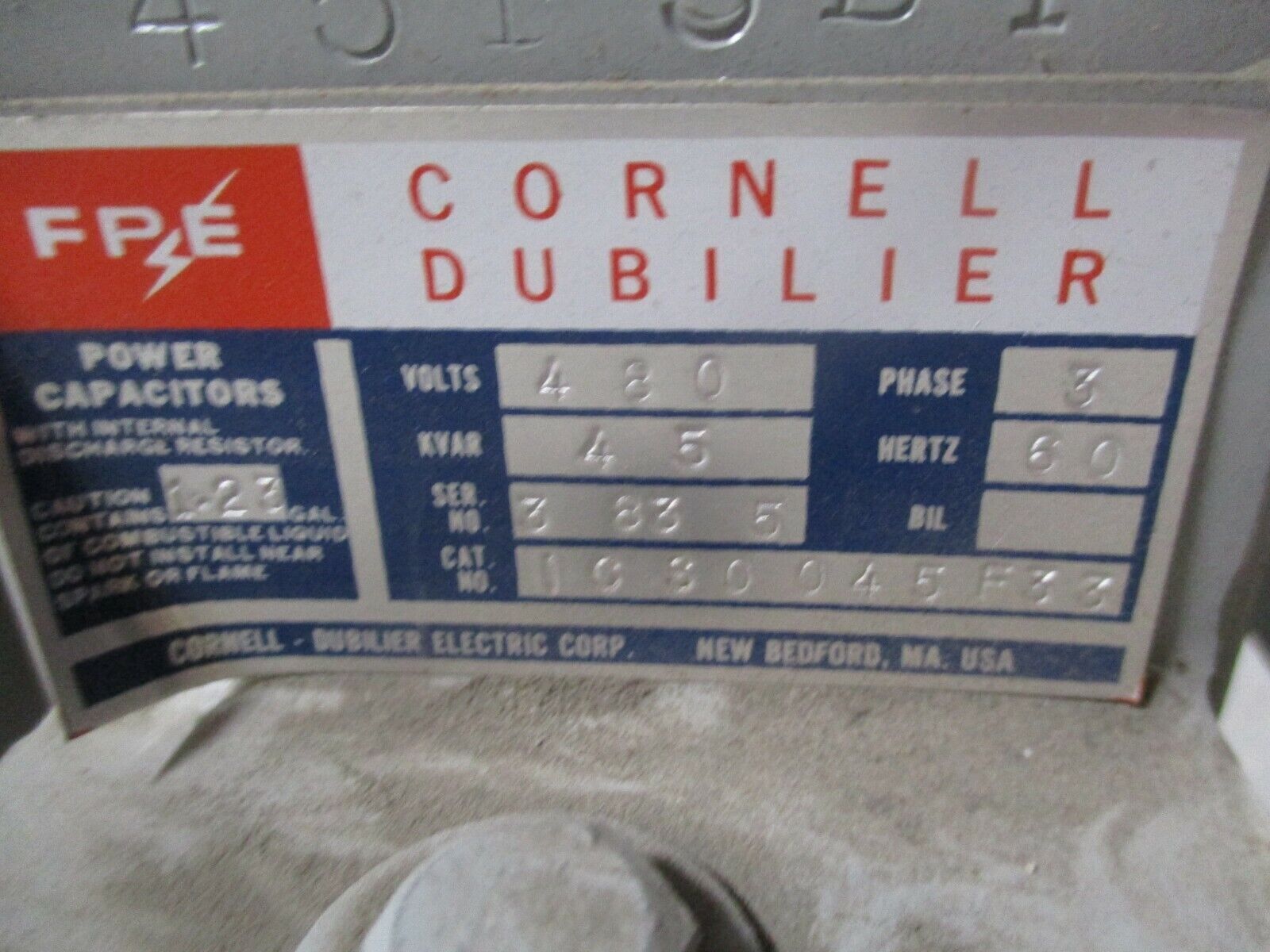 FPE Cornell Dubilier Capacitor Bank ICA2070F33L 70KVAR 480V 3Ph 60Hz Used