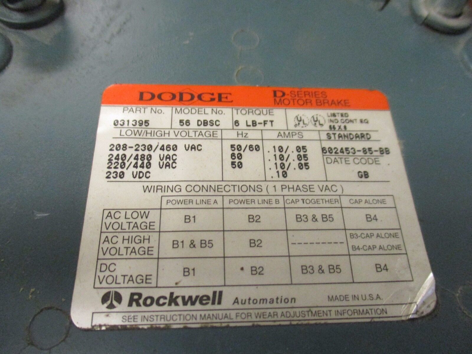 Dodge D-Series Motor Brake 0031395 6Ft/Lbs Torque 1-Ph Used