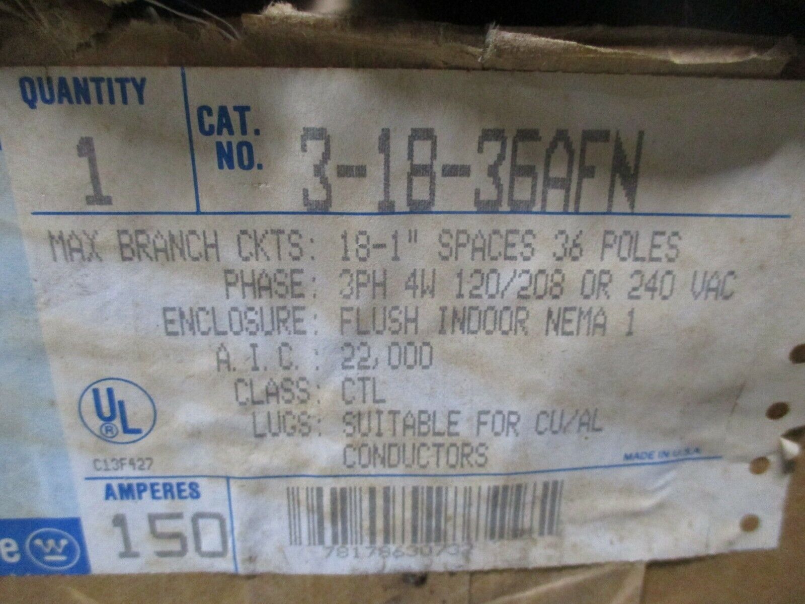 Westinghouse Main Lug Load Center 3-18-36AFN 150A 120/208/240V 3Ph New Surplus