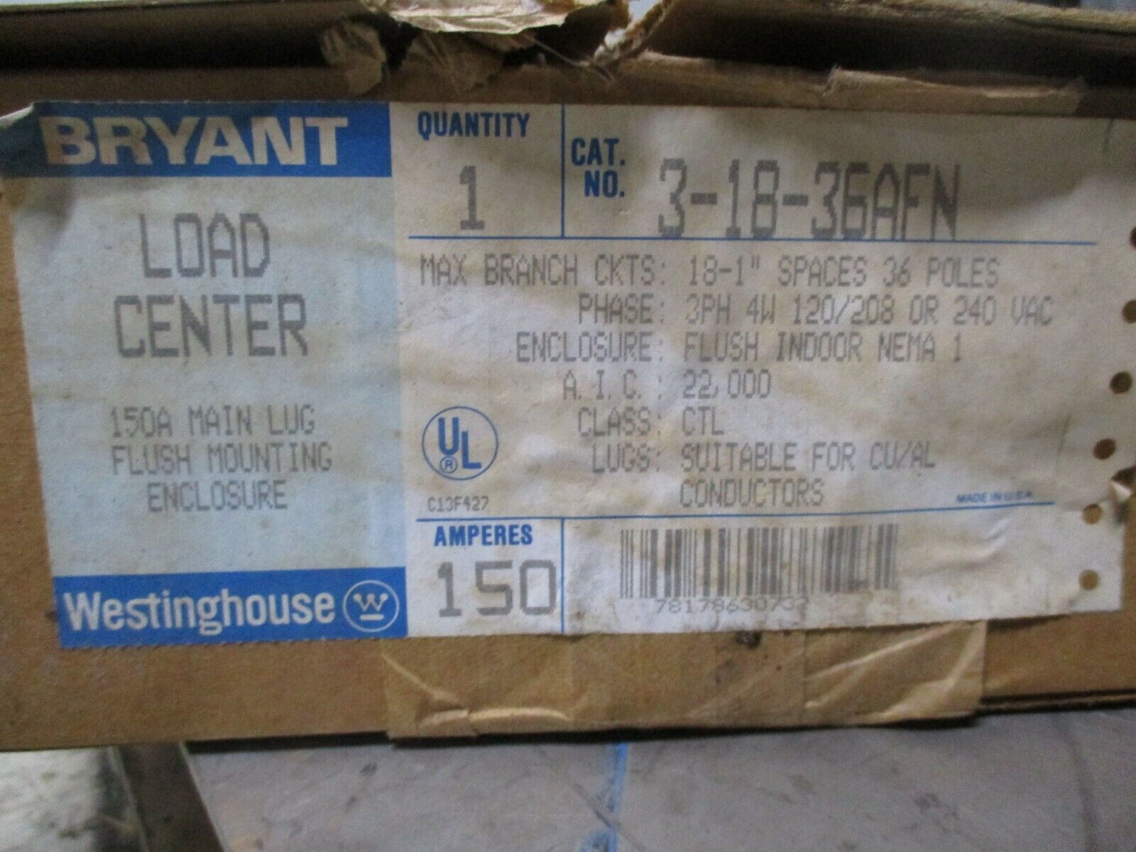 Westinghouse Main Lug Load Center 3-18-36AFN 150A 120/208/240V 3Ph New Surplus