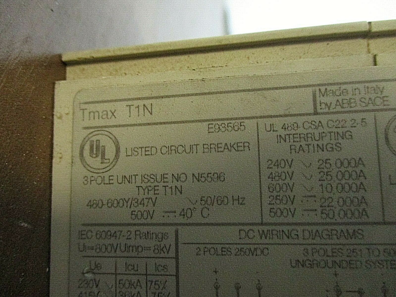 ABB SACE Tmax Breaker Disconnect T1N 80 80A 600V 3P Used