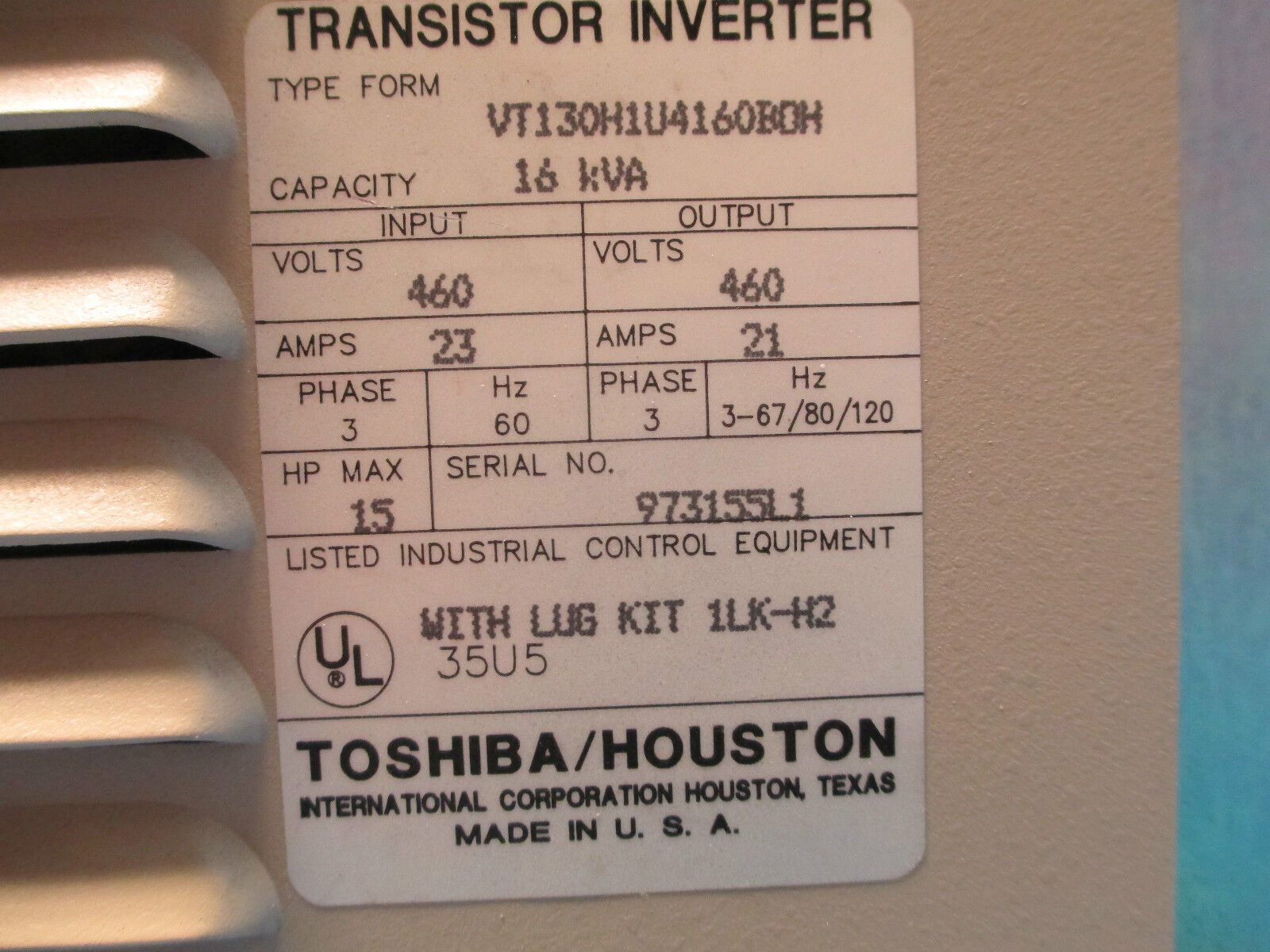 Toshiba AC Drive VT130H1U4160BOH, 460V 21A 15HP