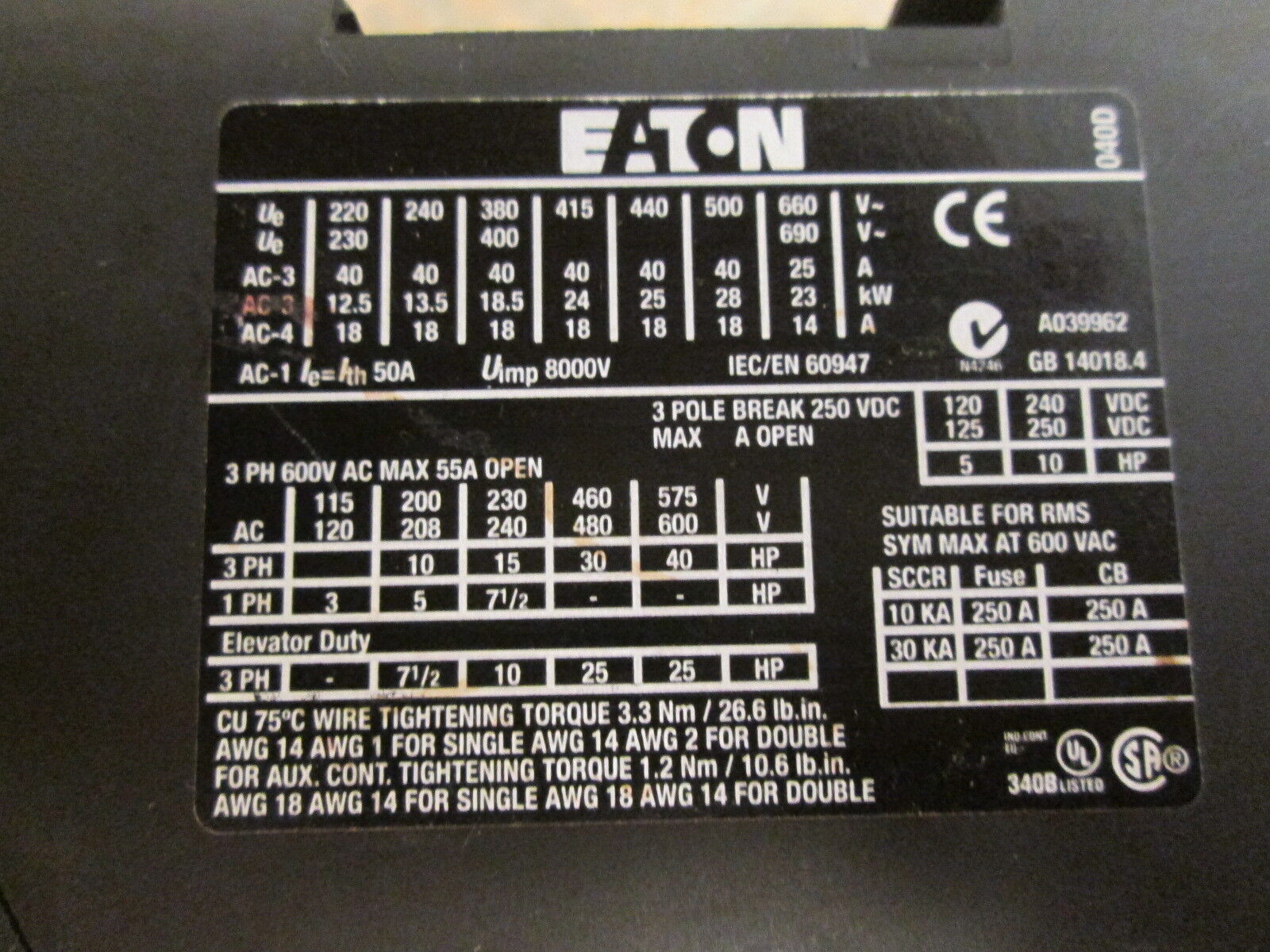 Eaton Contactor XTCE040D 48-60VDC Coil 55A 600W w/ Aux Contact Block Used