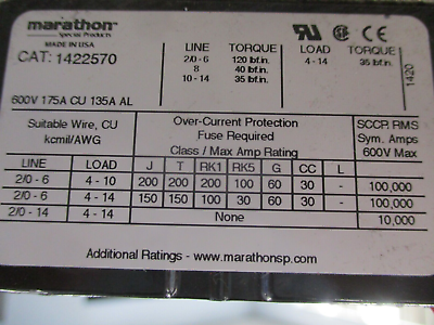 Marathon Power Distribution Block 1422570 175A 600V 2P Used