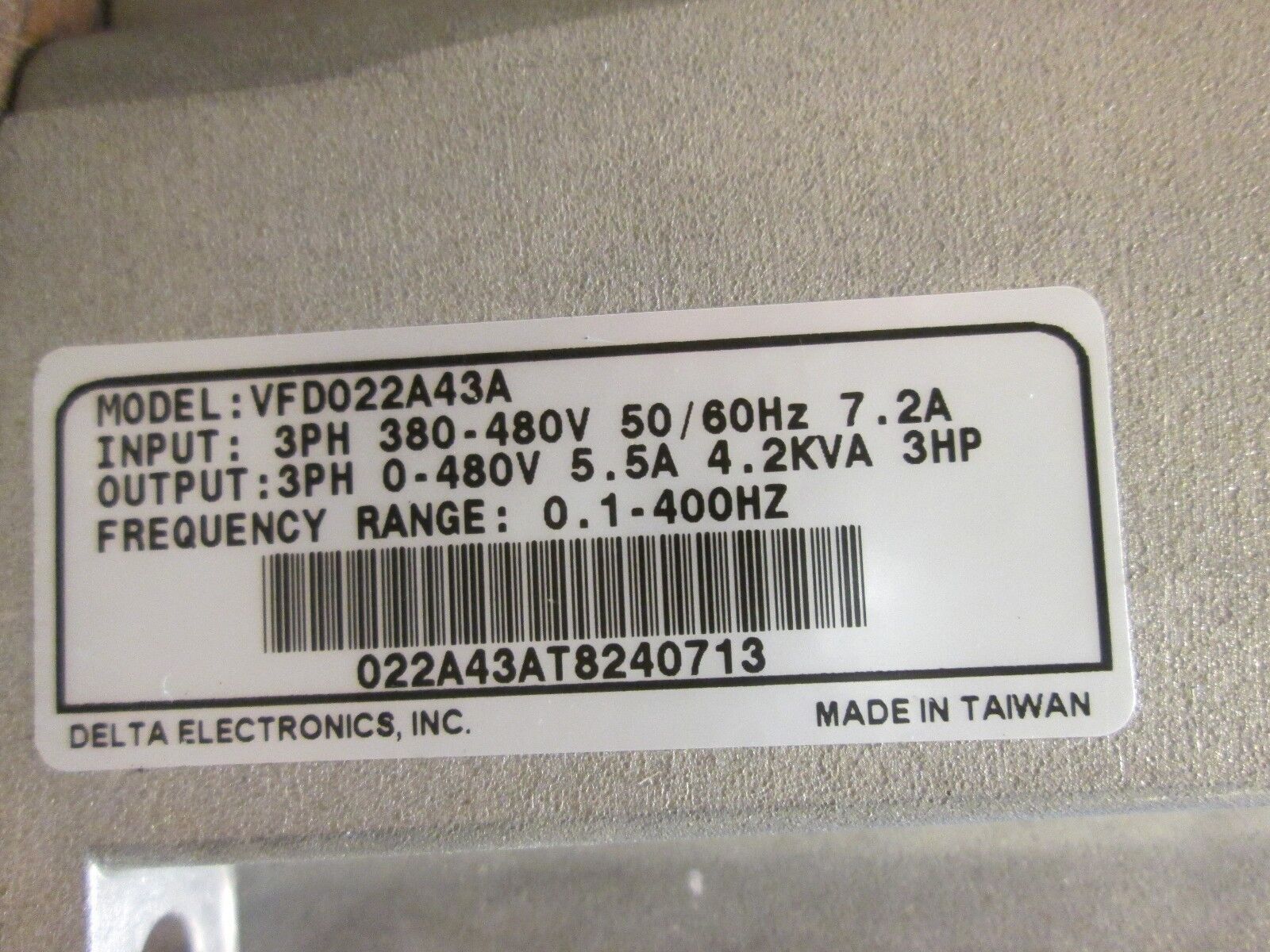 Delta AC Drive VFD022A43A 3HP 3Ph Used