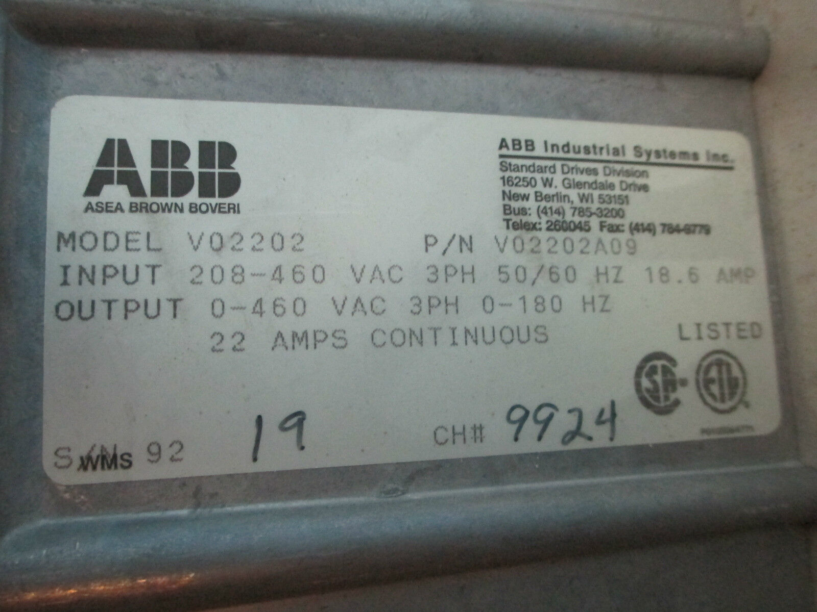 ABB V022 Motor Drive V02202A09 Used