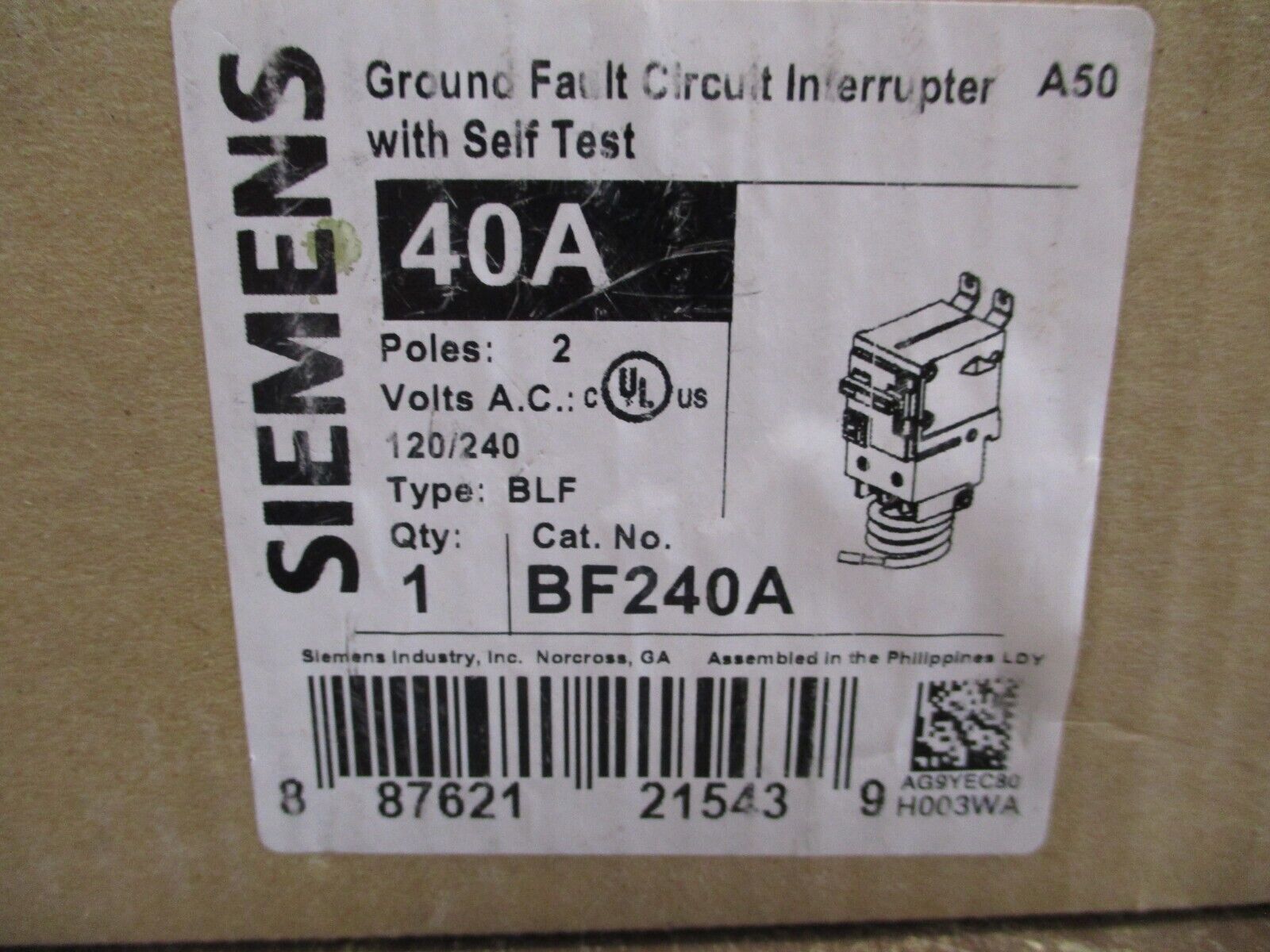Siemens GFCI Circut Breaker BF240A 40A 120/240V 2P New Surplus