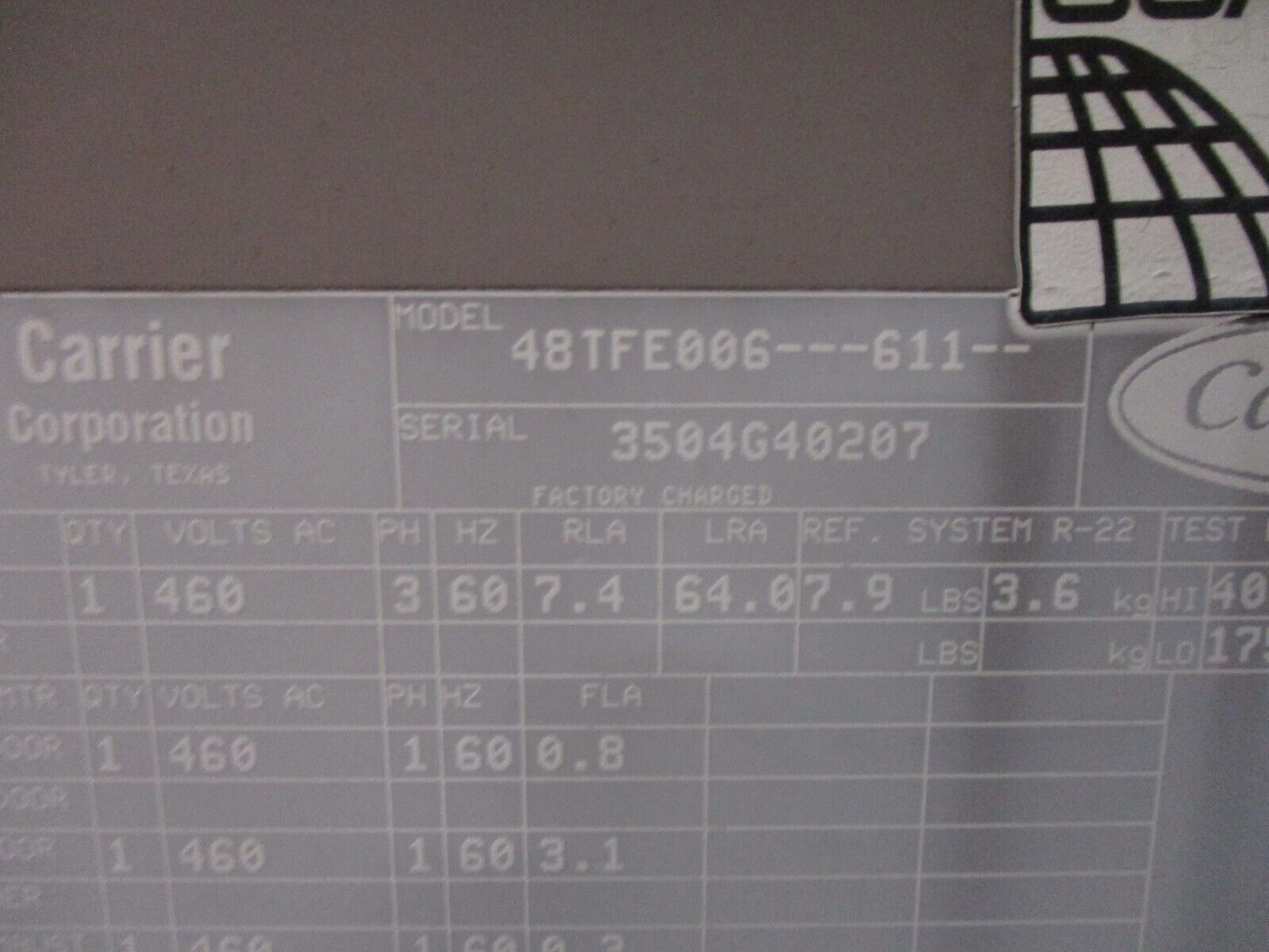 Carrier Rooftop Unit 48TFE006---611-- 5 Ton 460V 3Ph Medium Heat Option Used