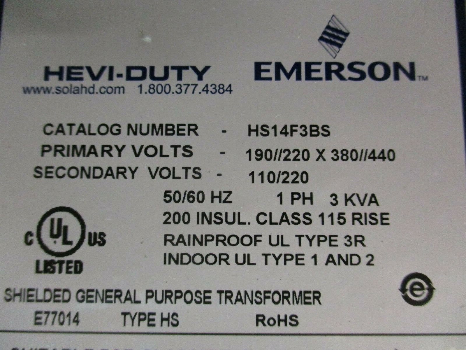 Emerson Hevi-Duty Transformer HS14F3BS 3kVA Pri: 190//220x380//440V 3R Enclosure