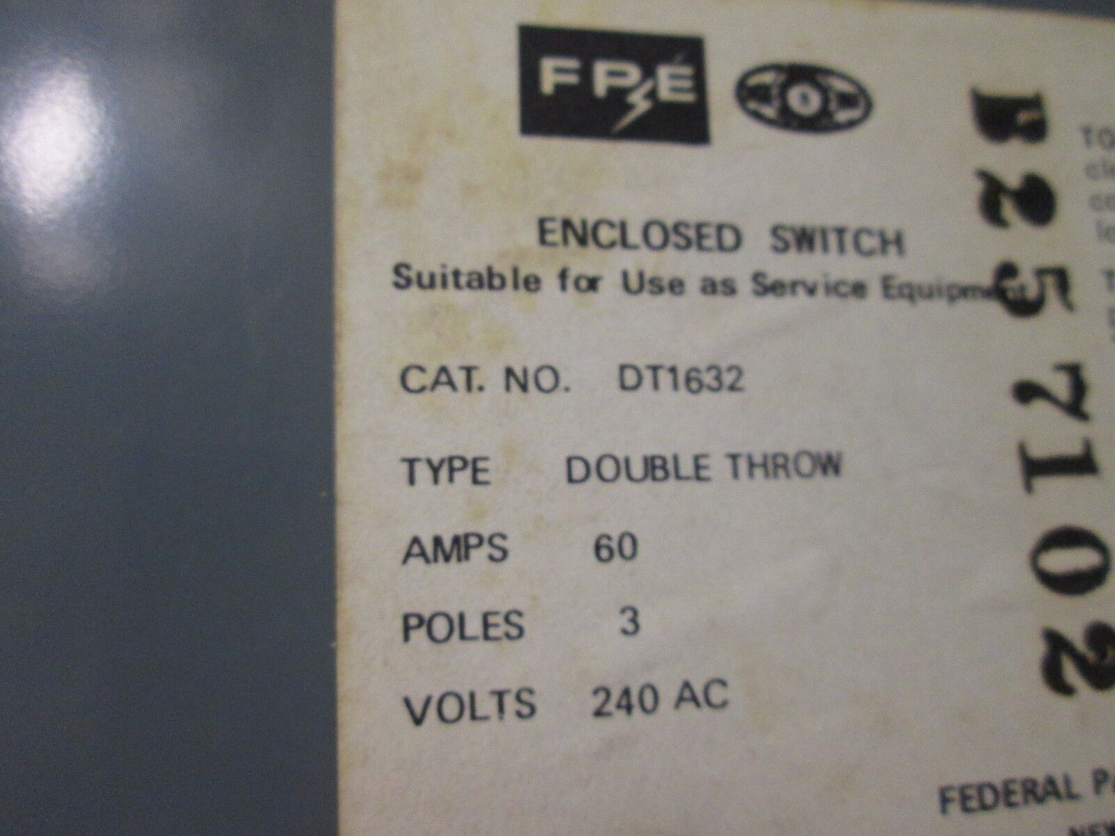 FPE Fusible Double Throw Safety Switch DT1632 60A 240V 3P New Surplus