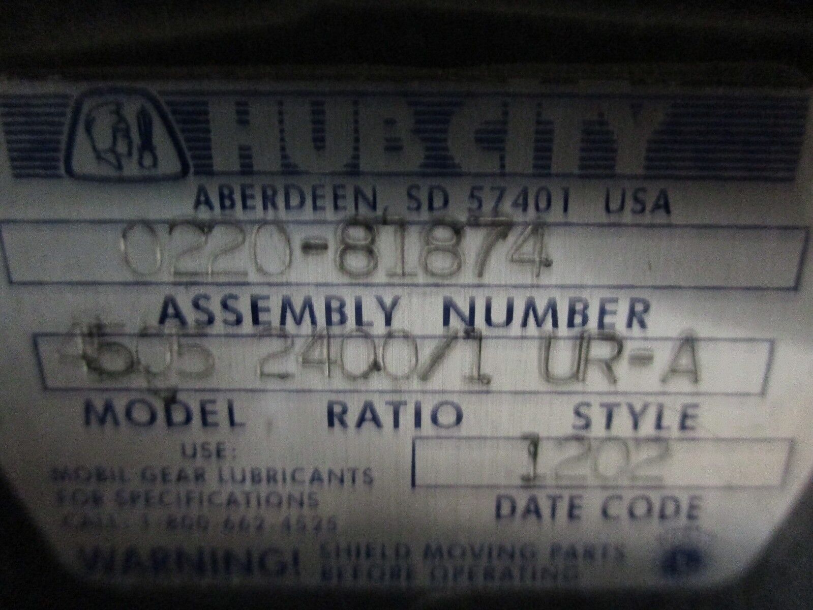 Hub City Worm Gear Reducer w/ Motor 0220-81874 Model 4505 Ratio: 2400/1 Used