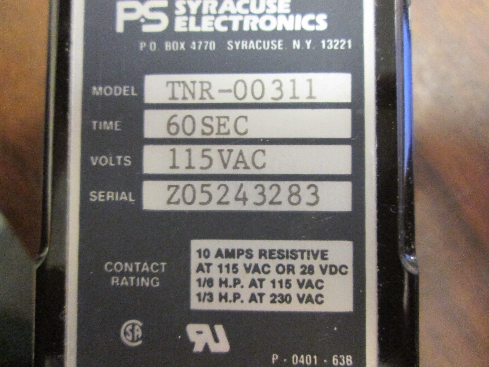 Syracuse Time Delay Relay TNR-00311 Time: 60 sec 115VAC New Surplus