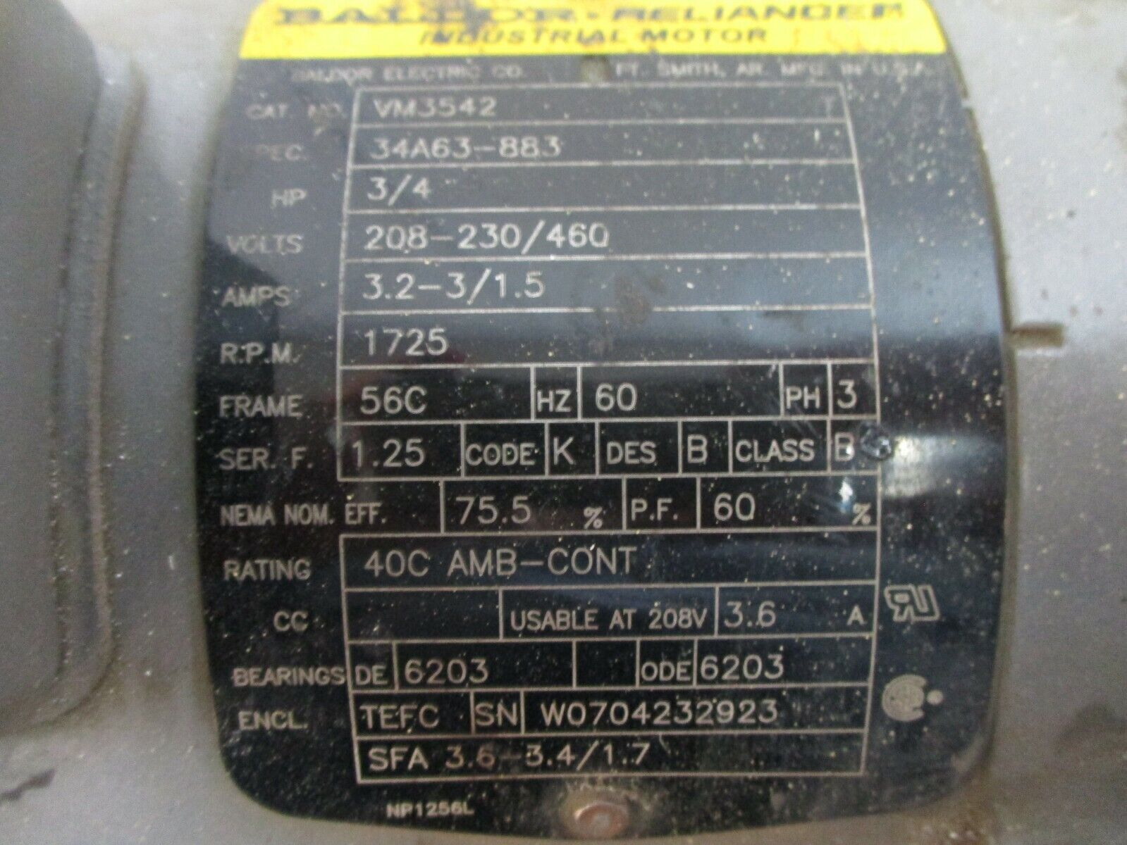 Baldor Gear Motor VM3542 3/4HP 208-230/460V 3.2-3/1.5A 1800RPM 60Hz 3Ph Used