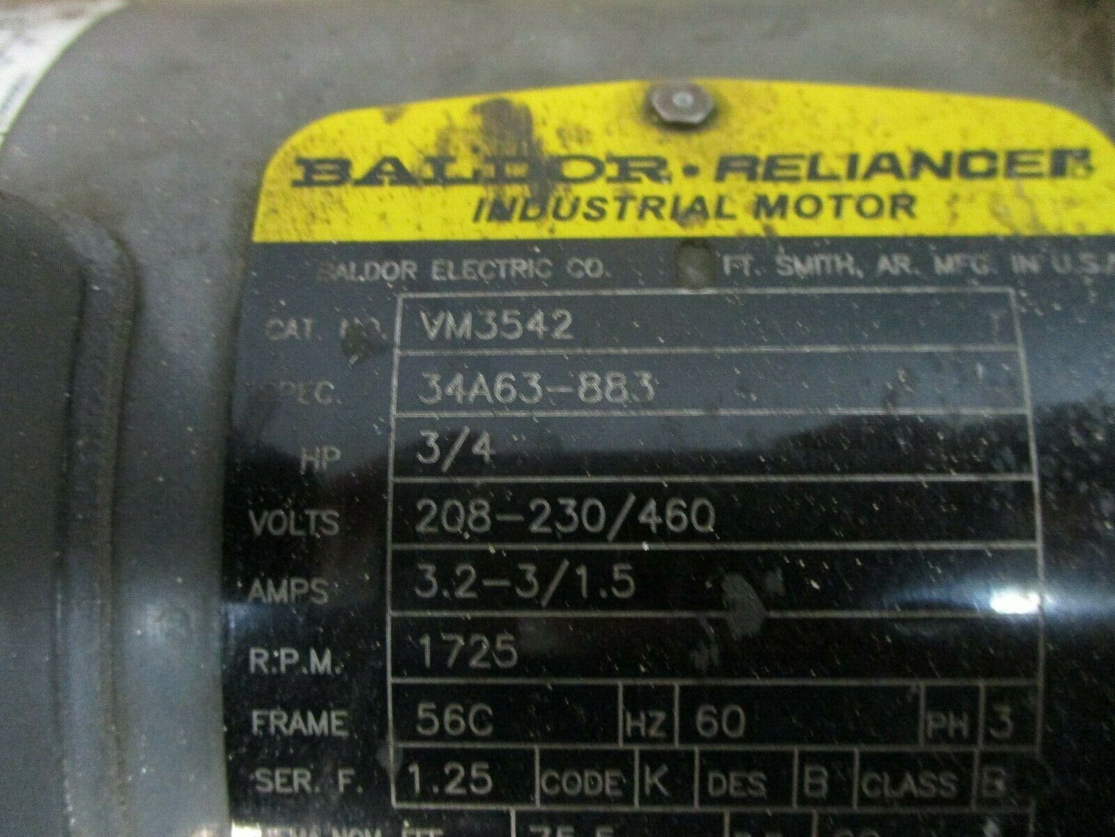 Baldor Gear Motor VM3542 3/4HP 208-230/460V 3.2-3/1.5A 1800RPM 60Hz 3Ph Used