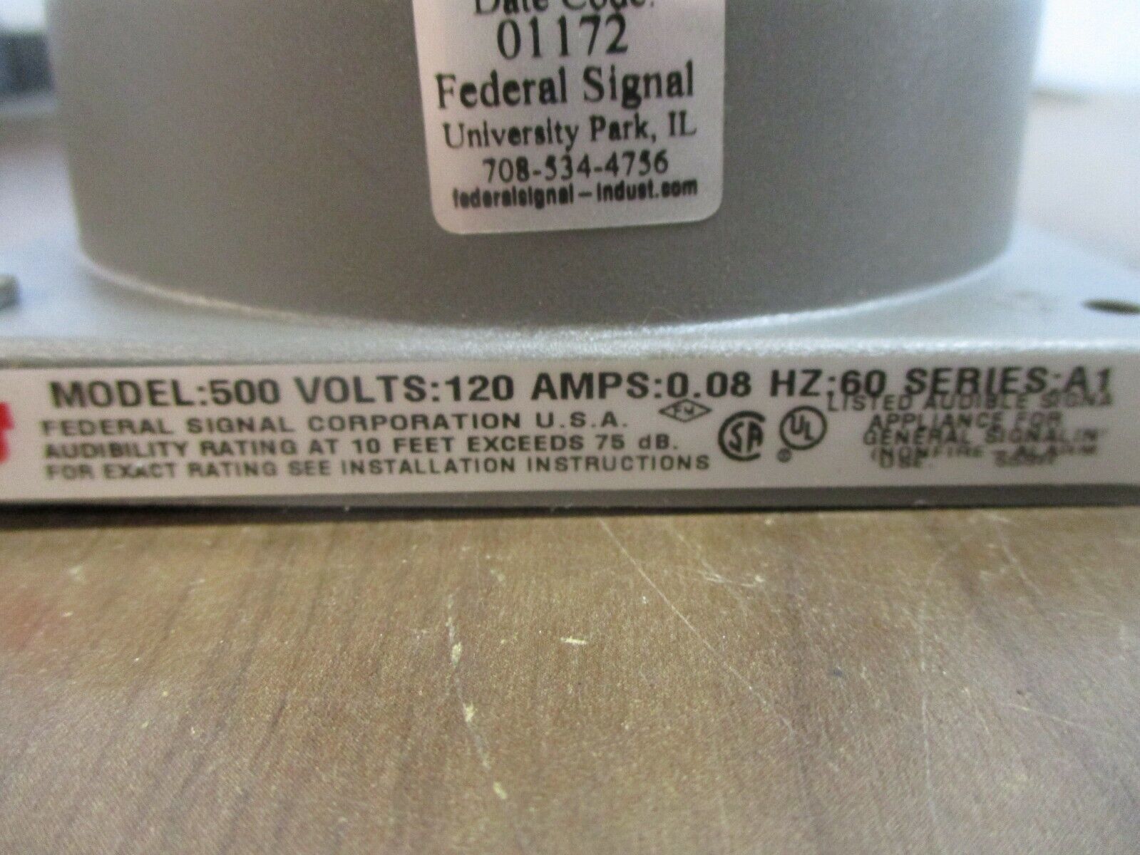 Federal Signal Audible Signal Appliance Model 500 Ser. A1 120V 0.08A 60Hz