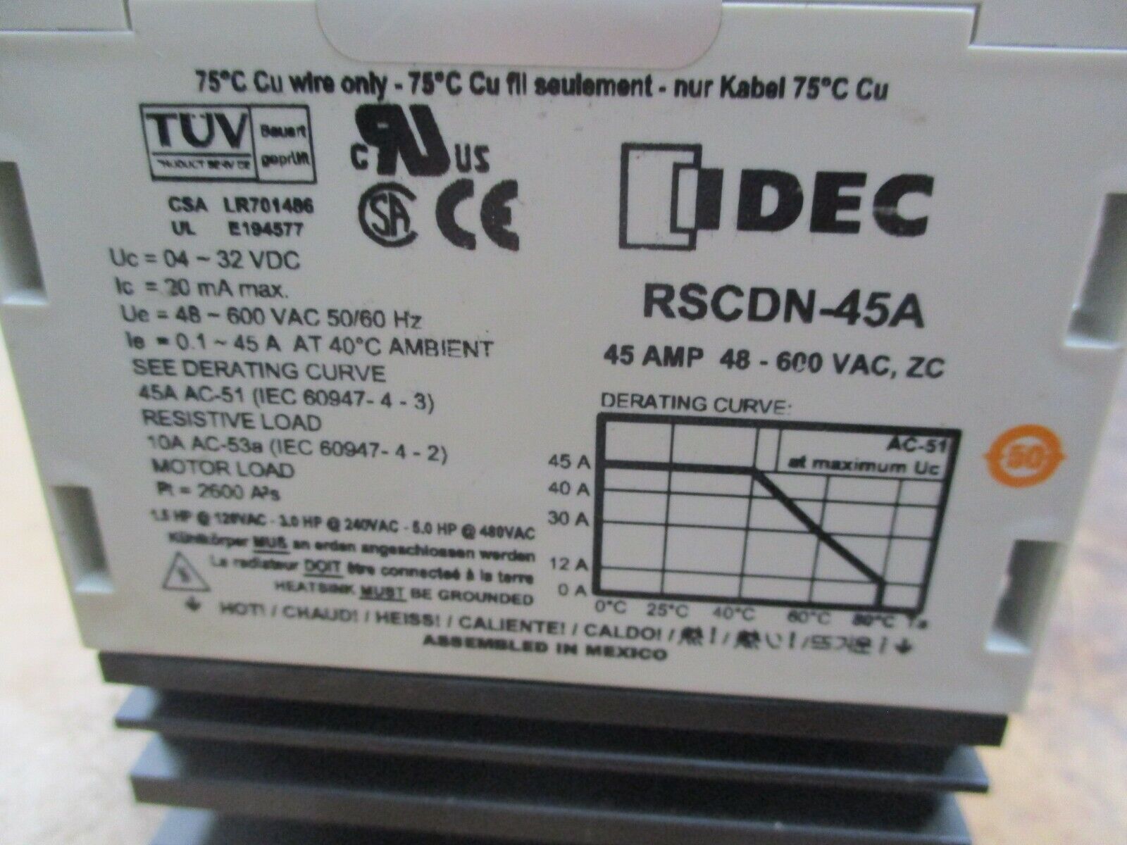 IDEC Solid State Relay RSCDN-45A 45A 48-600V *(1) Broken Mounting Clip* Used