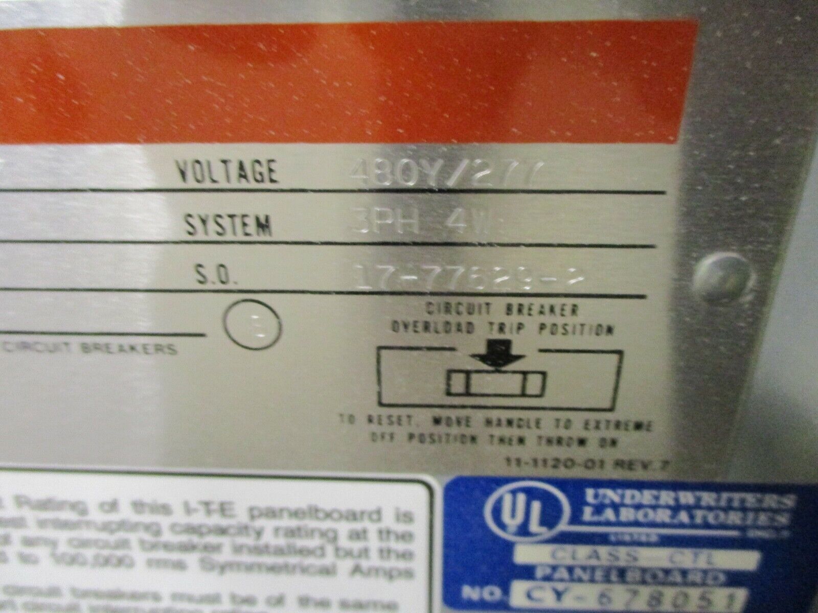 ITE Main Lug Breaker Panel CDP-7 225A Max 480Y/277 3Ph 4W Used