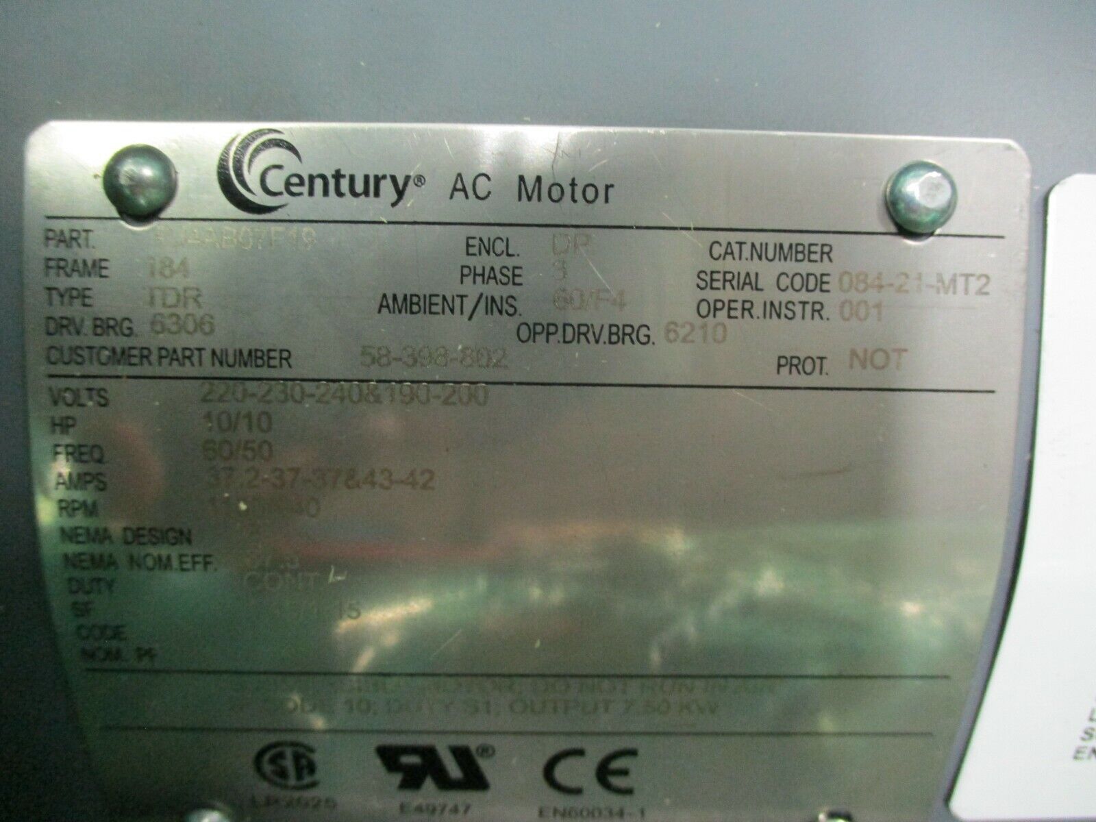 Century AC Motor PJ4AB07F19 10HP 1200RPM 184 Frame DP Enclosure New Surplus