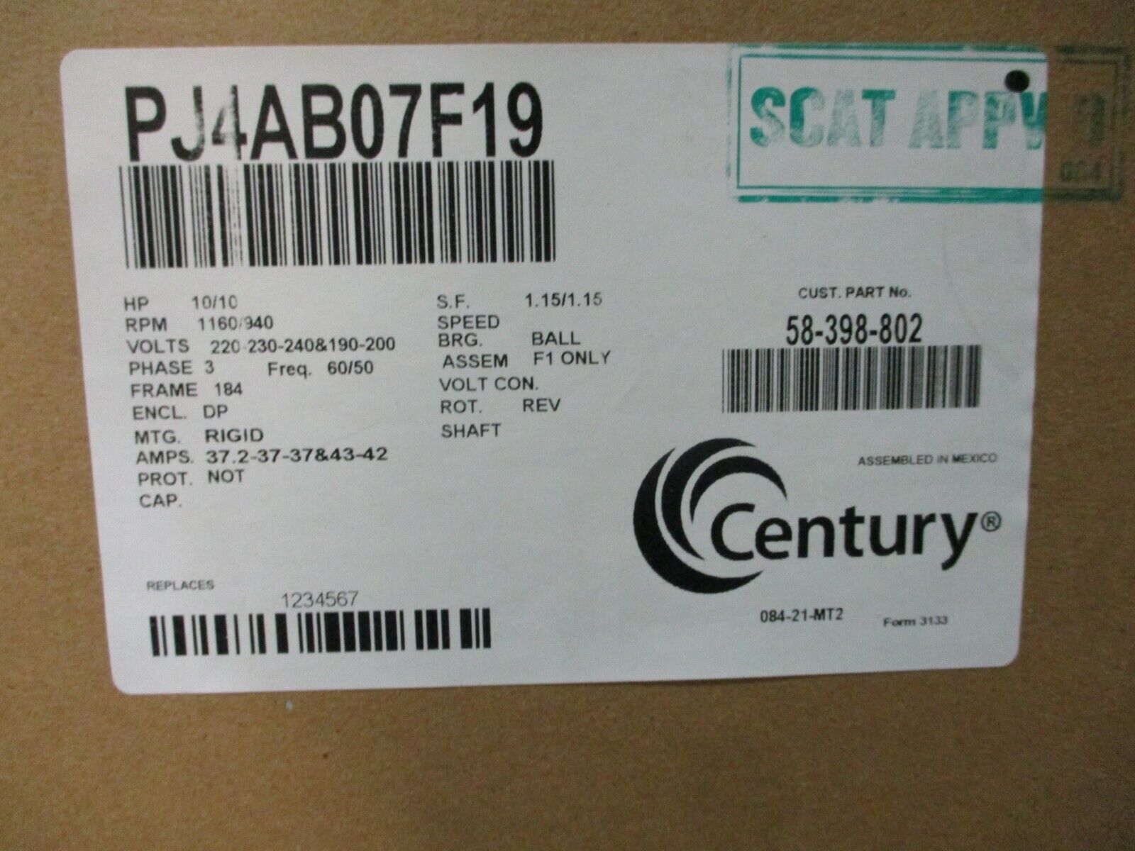 Century AC Motor PJ4AB07F19 10HP 1200RPM 184 Frame DP Enclosure New Surplus