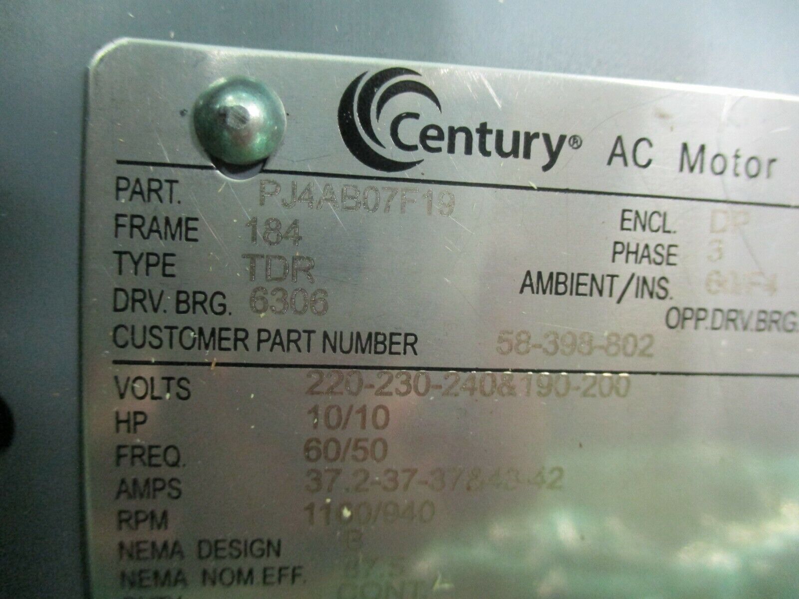 Century AC Motor PJ4AB07F19 10HP 1200RPM 184 Frame DP Enclosure New Surplus