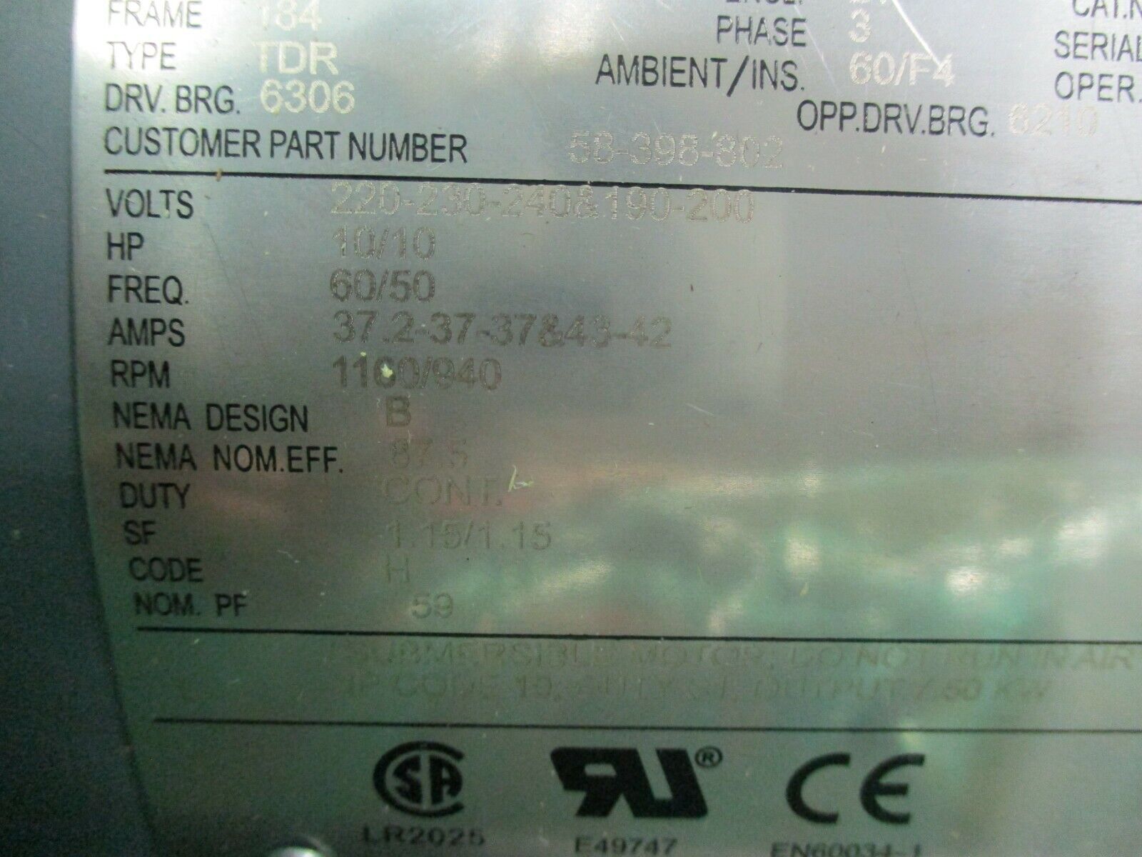 Century AC Motor PJ4AB07F19 10HP 1200RPM 184 Frame DP Enclosure New Surplus