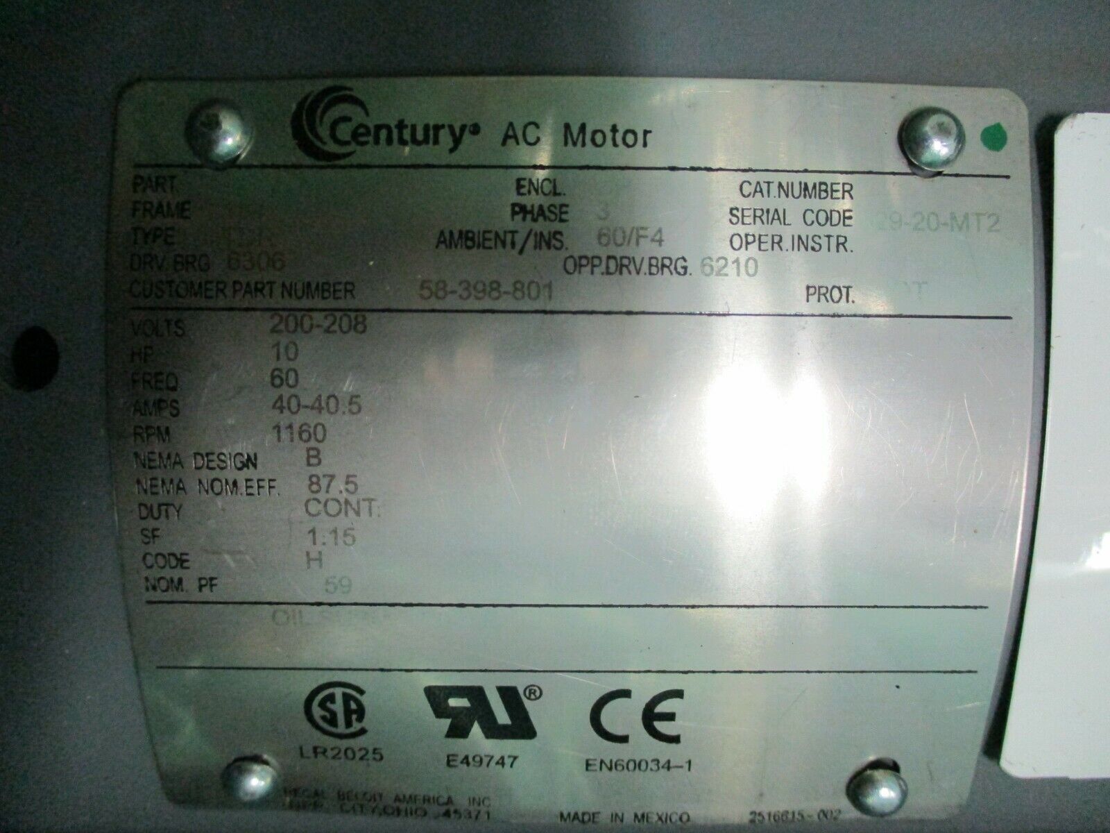 Century AC Motor PJ4AB06F19 10HP 1200RPM 184 Frame DP Enclosure New Surplus