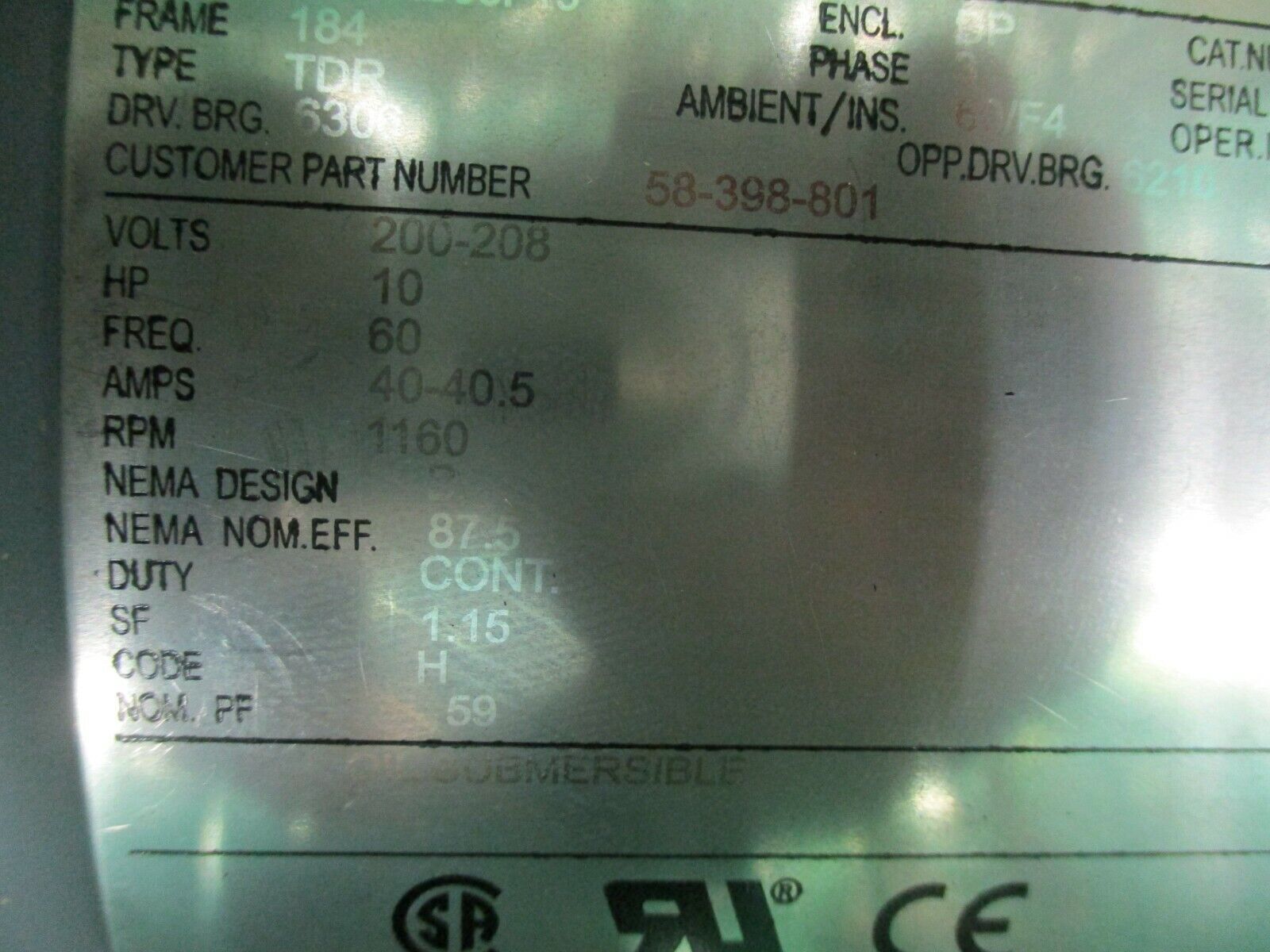 Century AC Motor PJ4AB06F19 10HP 1200RPM 184 Frame DP Enclosure New Surplus