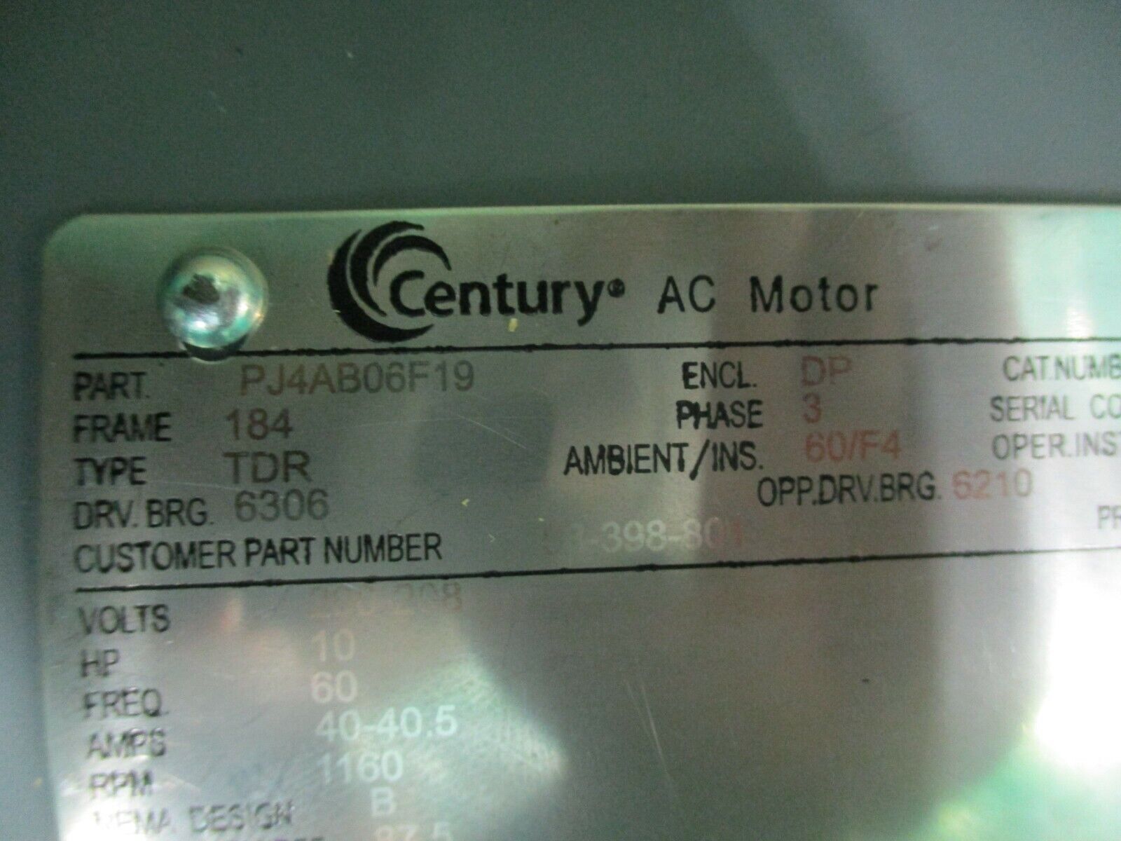 Century AC Motor PJ4AB06F19 10HP 1200RPM 184 Frame DP Enclosure New Surplus