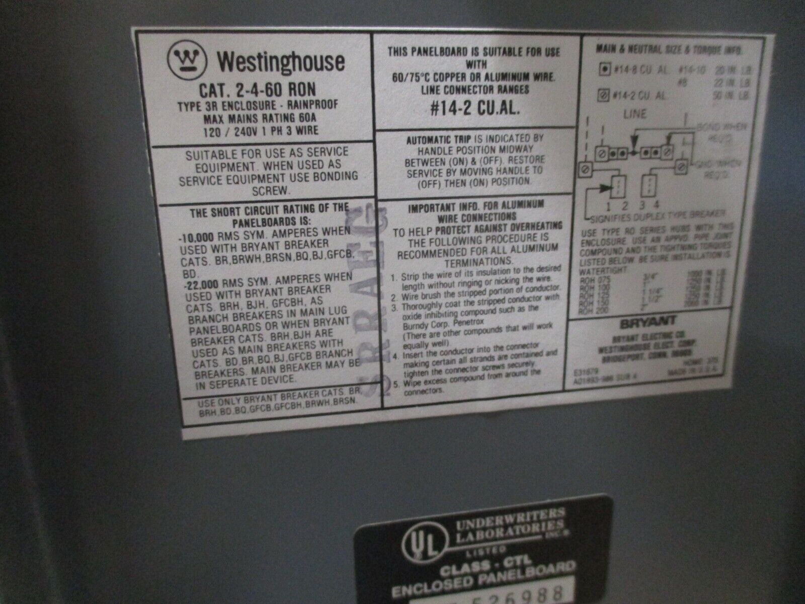 Westinghouse 3R Main Lug Load Center 2-4-60RON 60A 120/240V 1PH 3W *Box of 5*