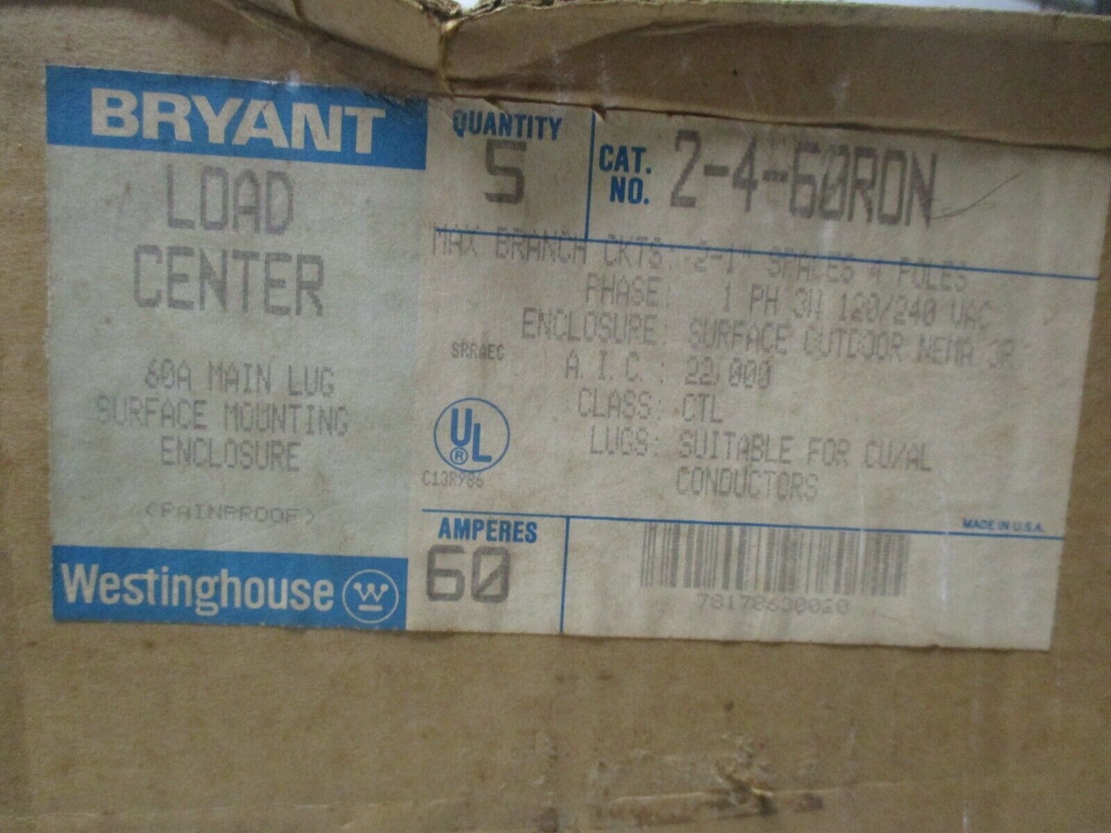 Westinghouse 3R Main Lug Load Center 2-4-60RON 60A 120/240V 1PH 3W *Box of 5*