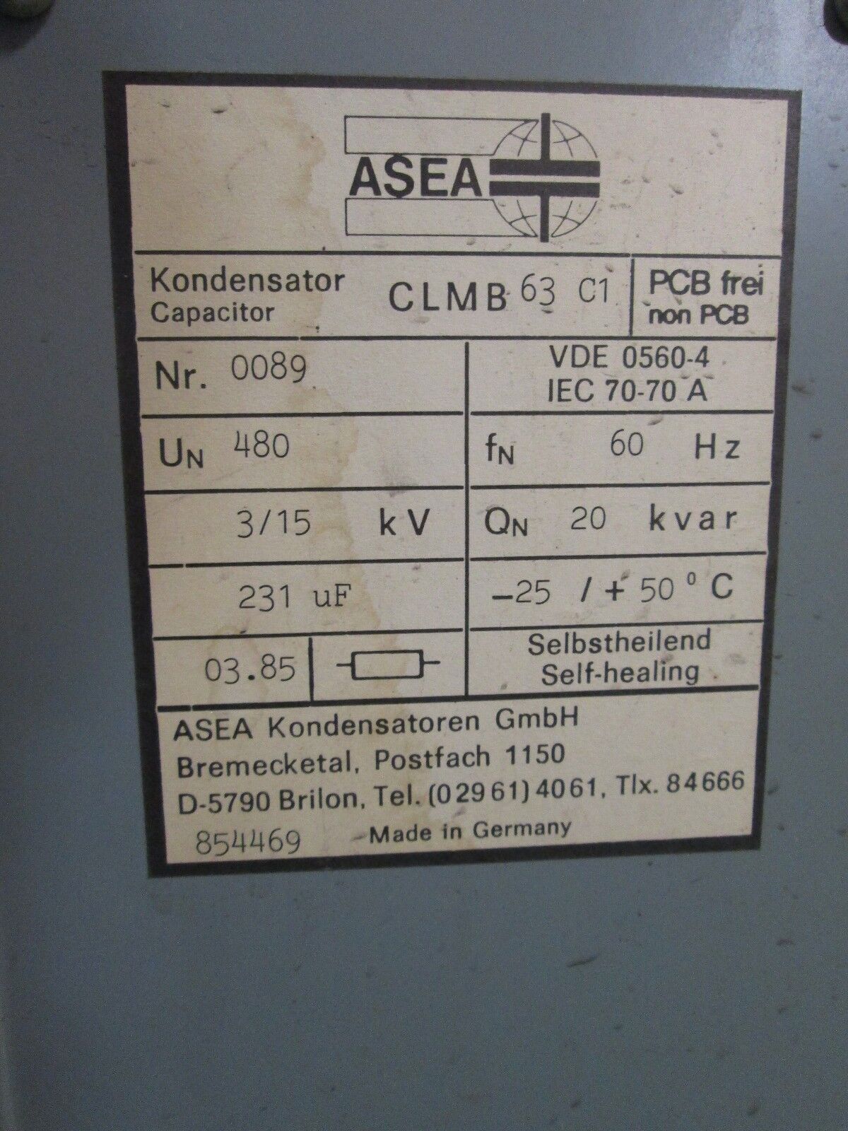 Asea Capacitor CLMB63C1 20 KVAR 480V 60Hz Used