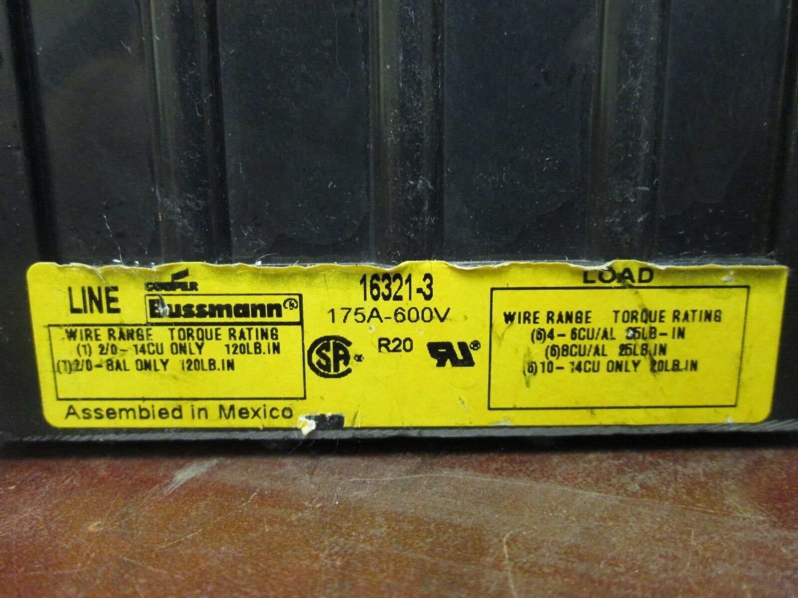 Bussmann Power Distribution Block 16321-3 Line 2/0-#14 Load (6) #4-#14 175A 600V