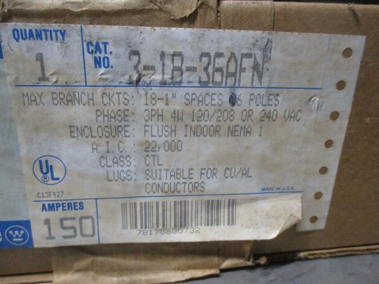 Westinghouse Main Lug Load Center 3-18-36AFN 150A 120/208/240V 3Ph New Surplus