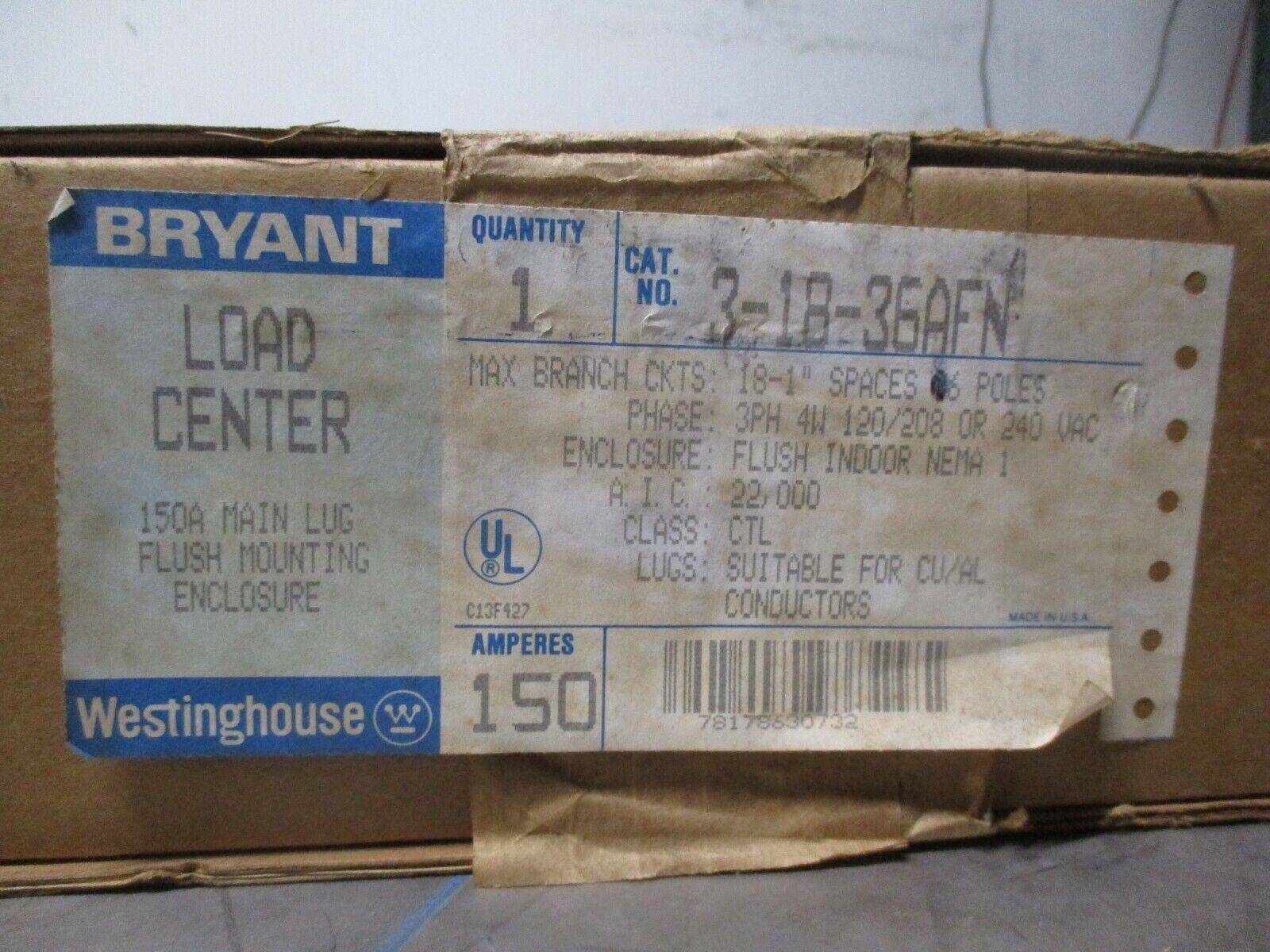 Westinghouse Main Lug Load Center 3-18-36AFN 150A 120/208/240V 3Ph New Surplus