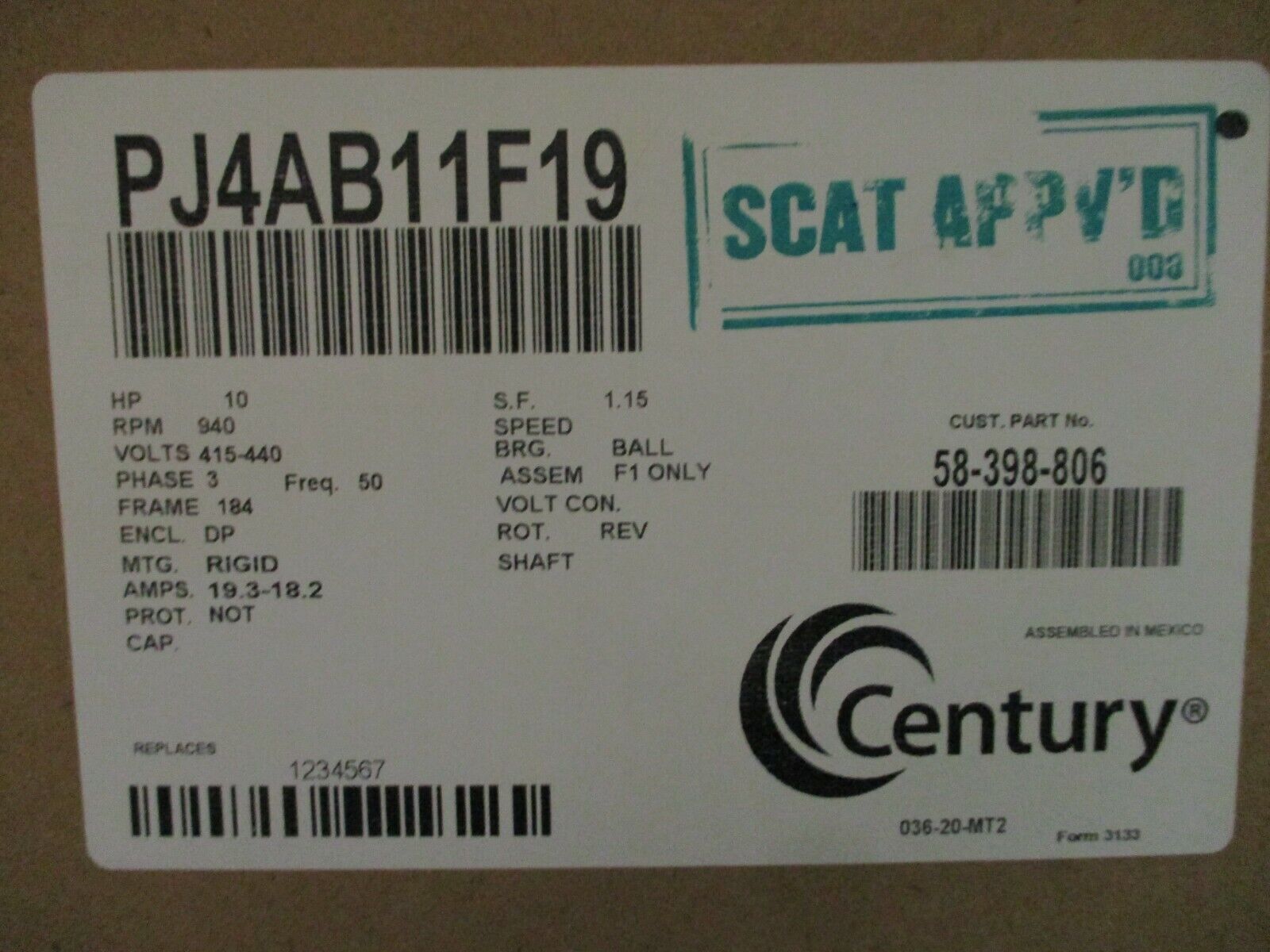 Century AC Motor PJ4AB11F19 10HP 940RPM 184 Frame DP Enclosure New Surplus