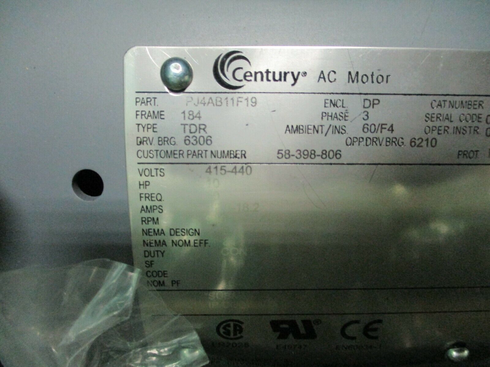 Century AC Motor PJ4AB11F19 10HP 940RPM 184 Frame DP Enclosure New Surplus