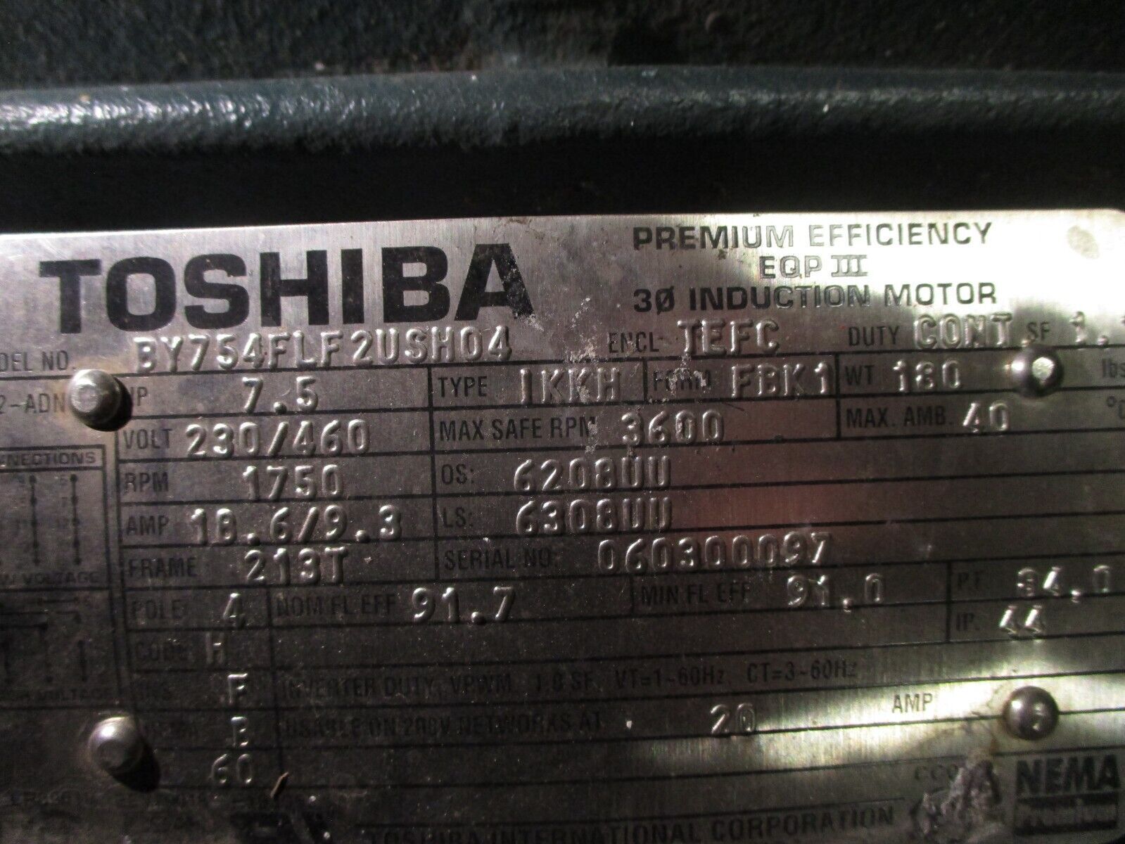 Toshiba Induction Motor BY754FLF2USH04 7.5HP 230/460V 18.6/9.3A 1800RPM 60Hz