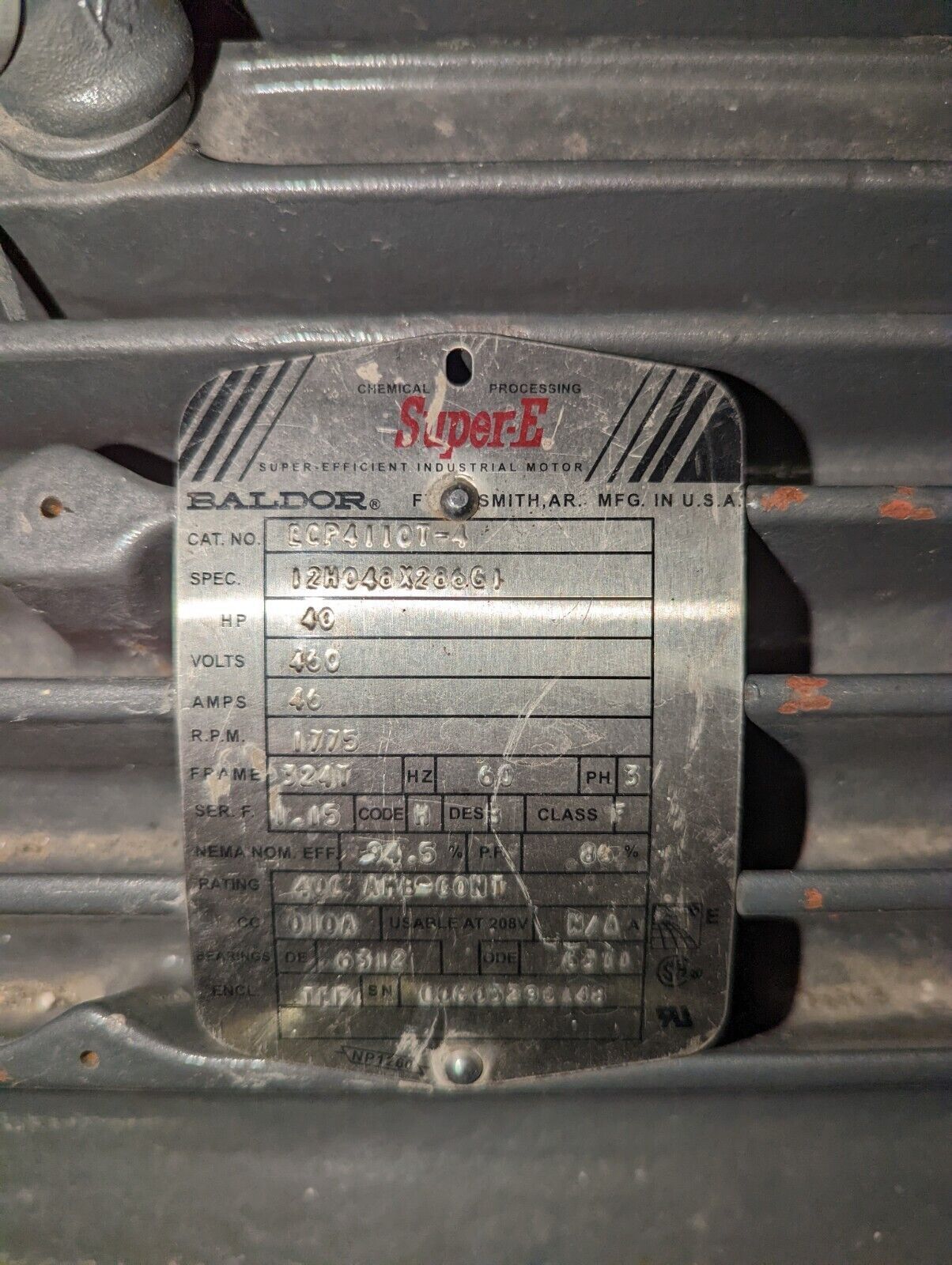 Baldor Industrial Motor ECP4110T-4 40HP 460V 46A 1800RPM 60Hz 3Ph Used