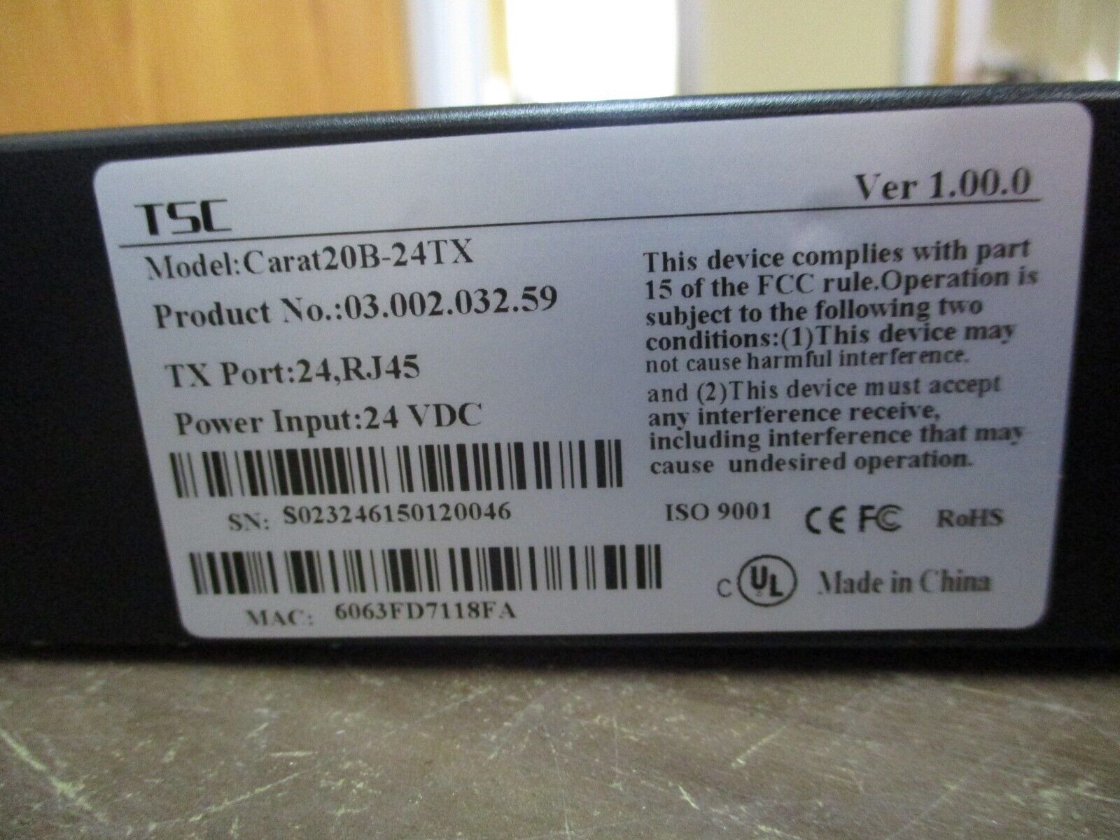 TSC Carat20B-24TX Ethernet Switch 03.002.032.59 24 TX Port Used