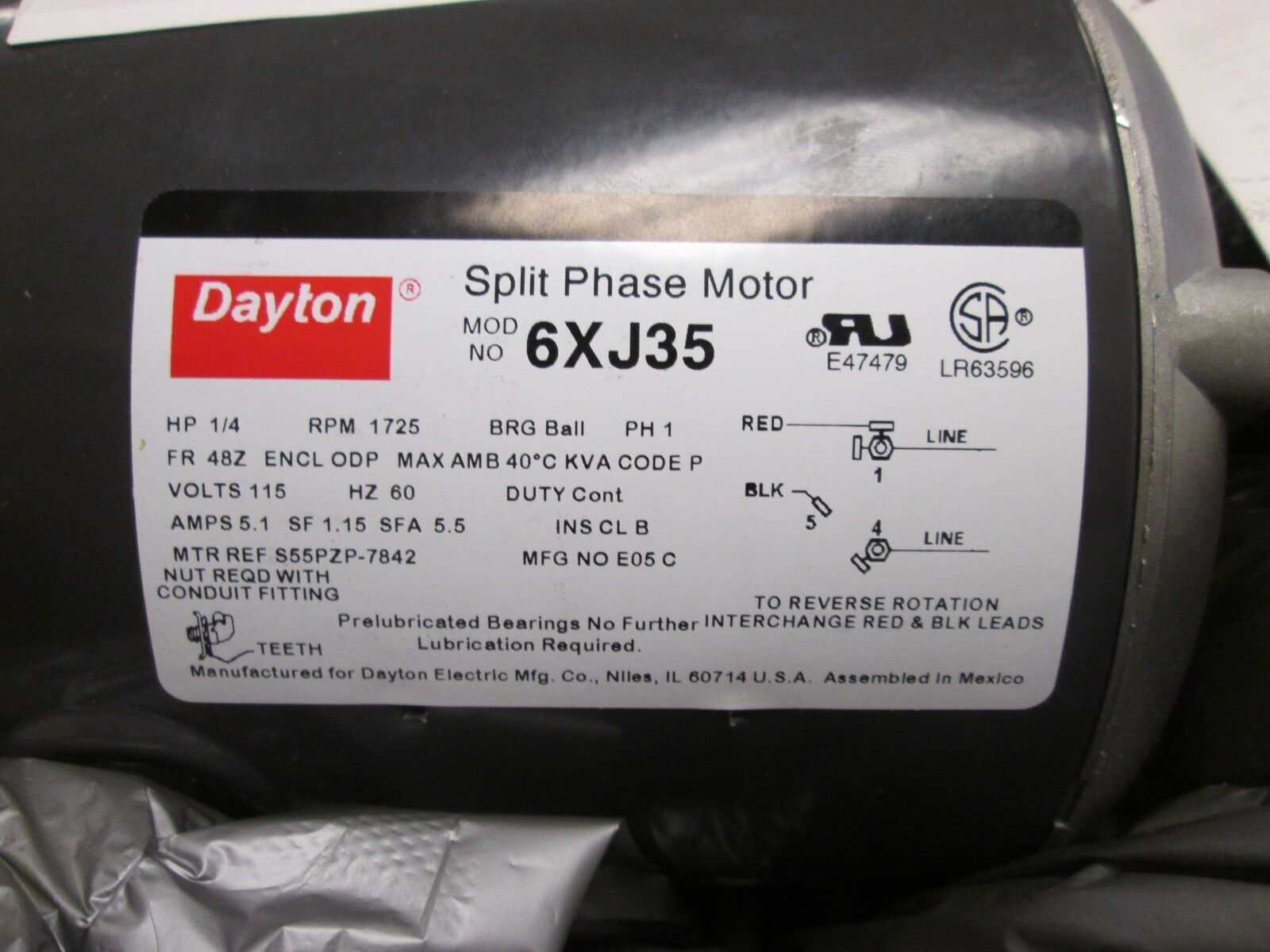 Dayton Split Phase Motor 6XJ35 1/4HP 1725 RPM 115V 1Ph New Surplus