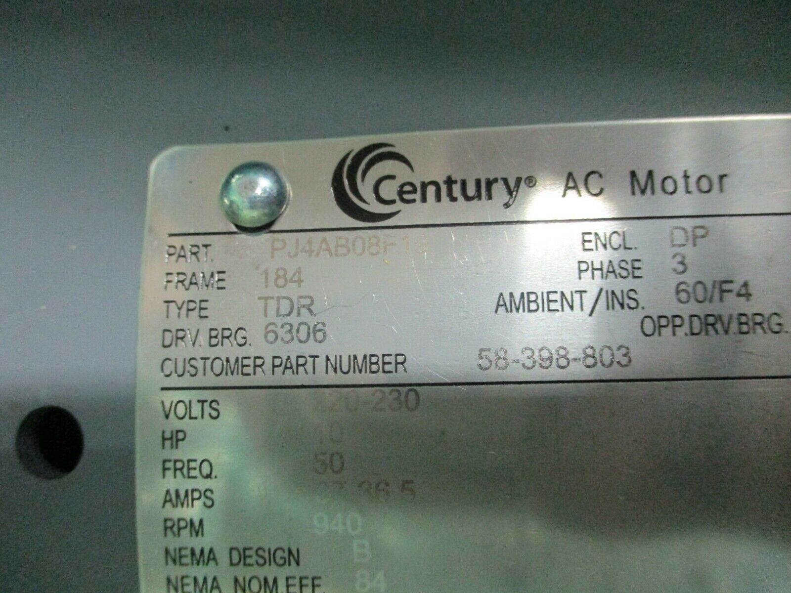 Century AC Motor PJ4AB08F19 10HP 940RPM 184 Frame DP Enclosure New Surplus