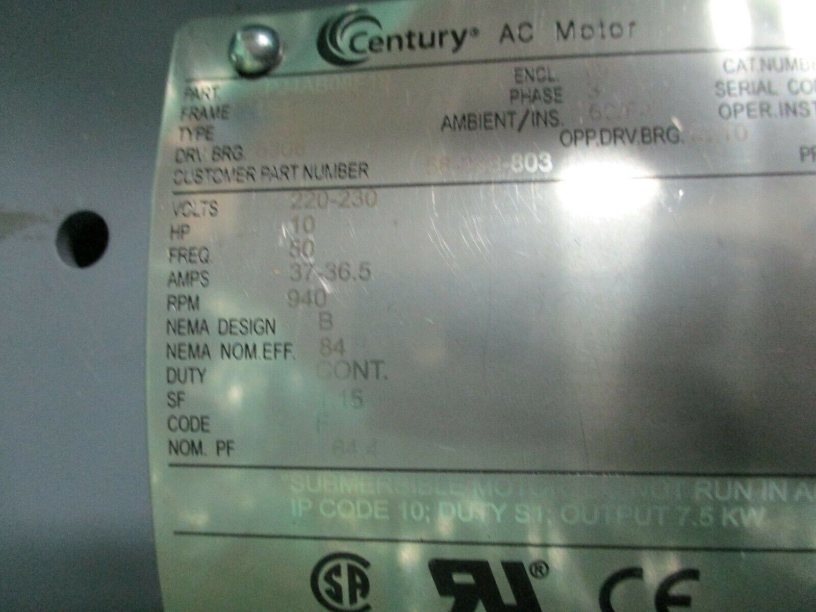 Century AC Motor PJ4AB08F19 10HP 940RPM 184 Frame DP Enclosure New Surplus