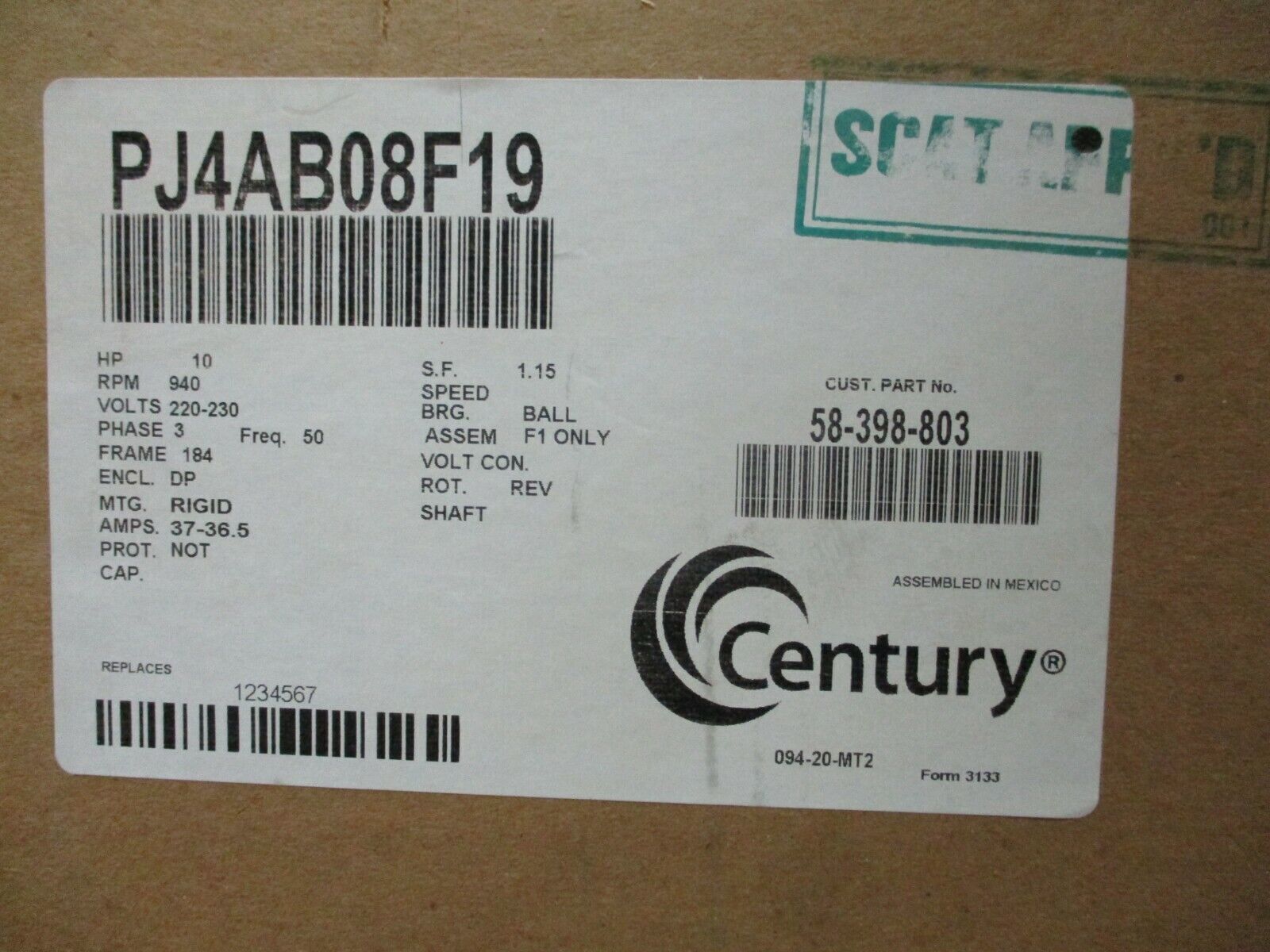 Century AC Motor PJ4AB08F19 10HP 940RPM 184 Frame DP Enclosure New Surplus