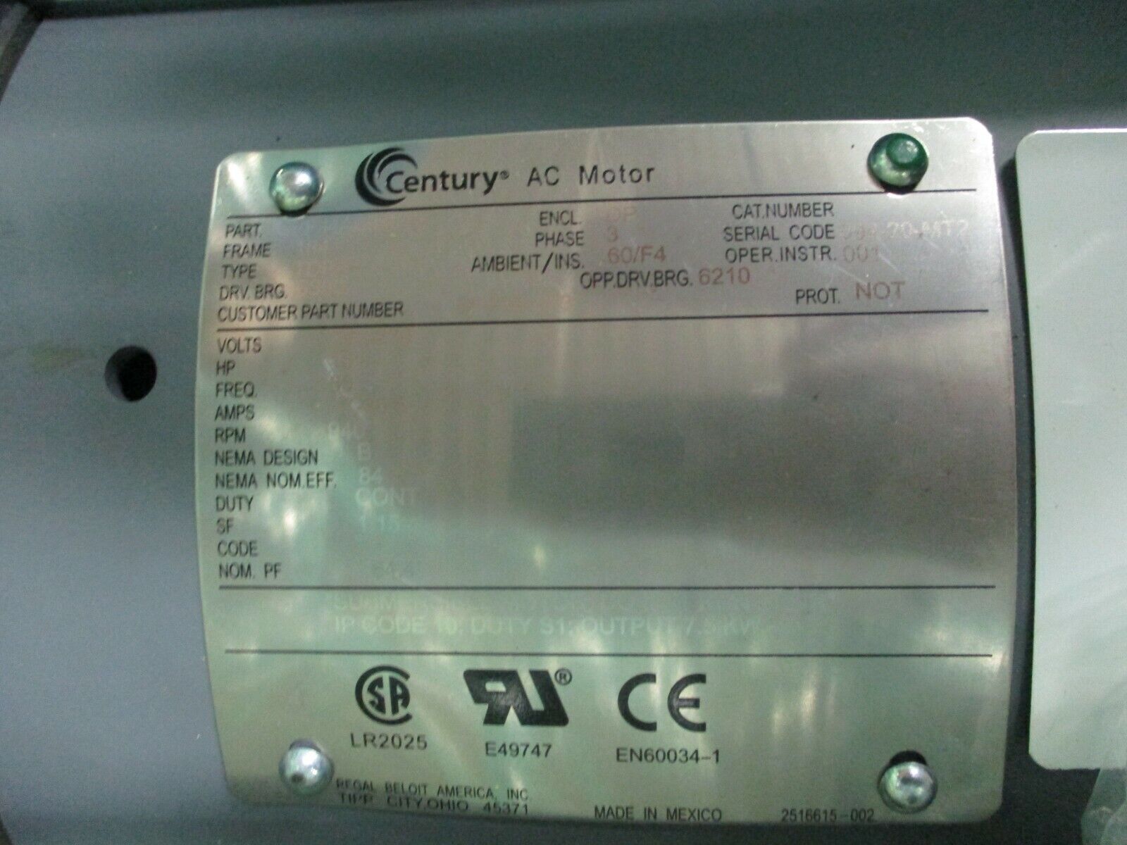 Century AC Motor PJ4AB08F19 10HP 940RPM 184 Frame DP Enclosure New Surplus