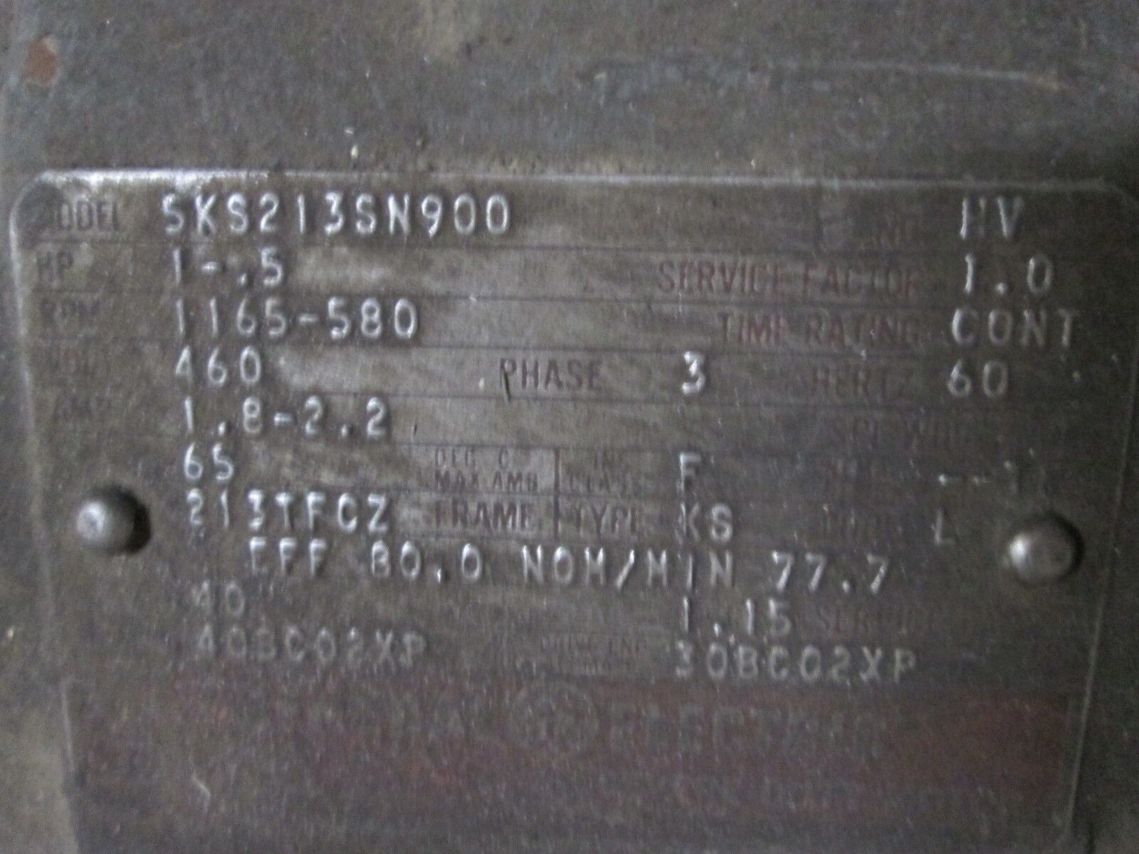 GE Motor 5KS213SN900 1-.5HP 460V 1.8-2.2A 1165-580RPM 60Hz 3Ph Used