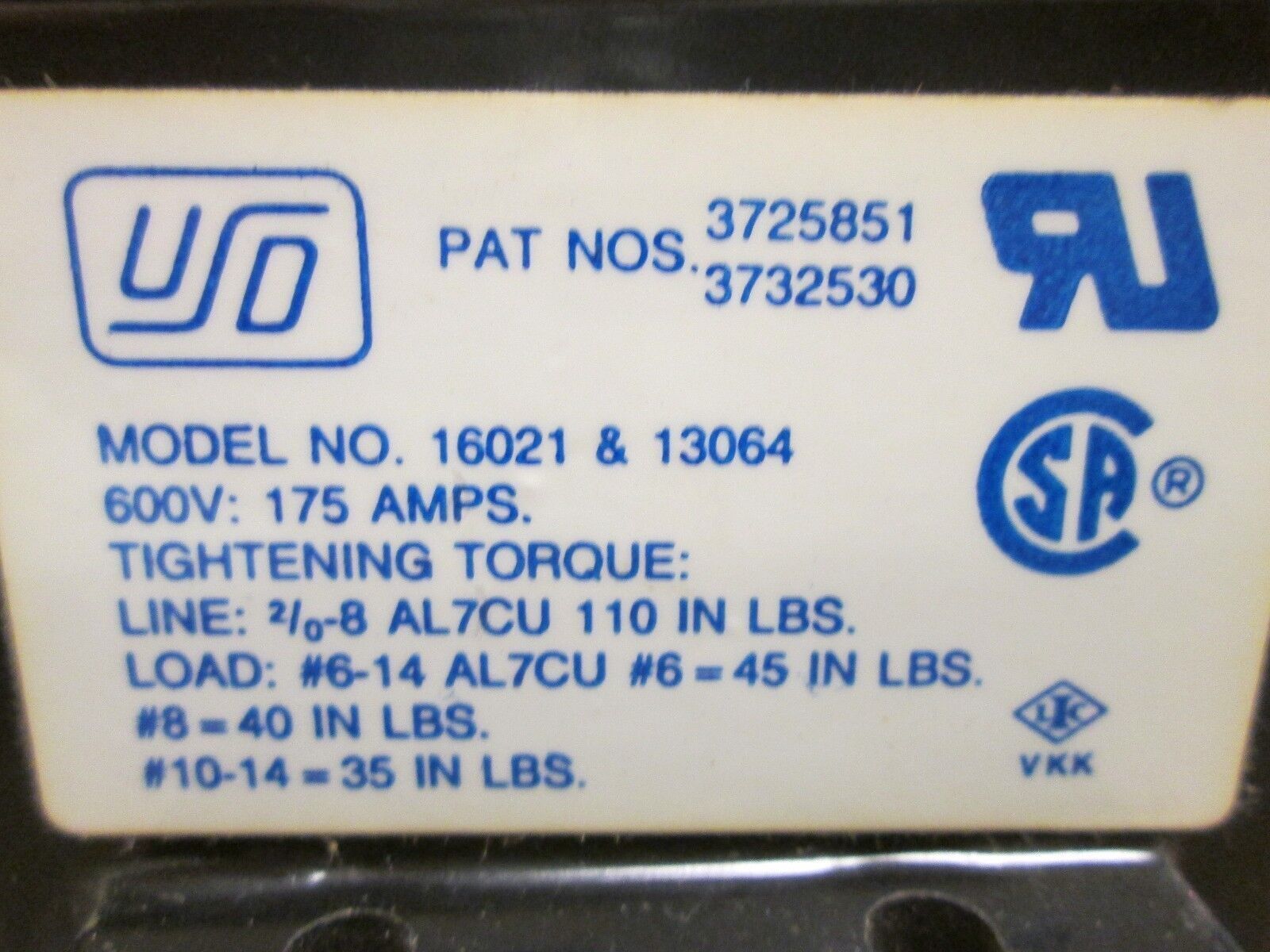 USD Power Distribution Block 16021 / 13064 175A 600V 3P Used