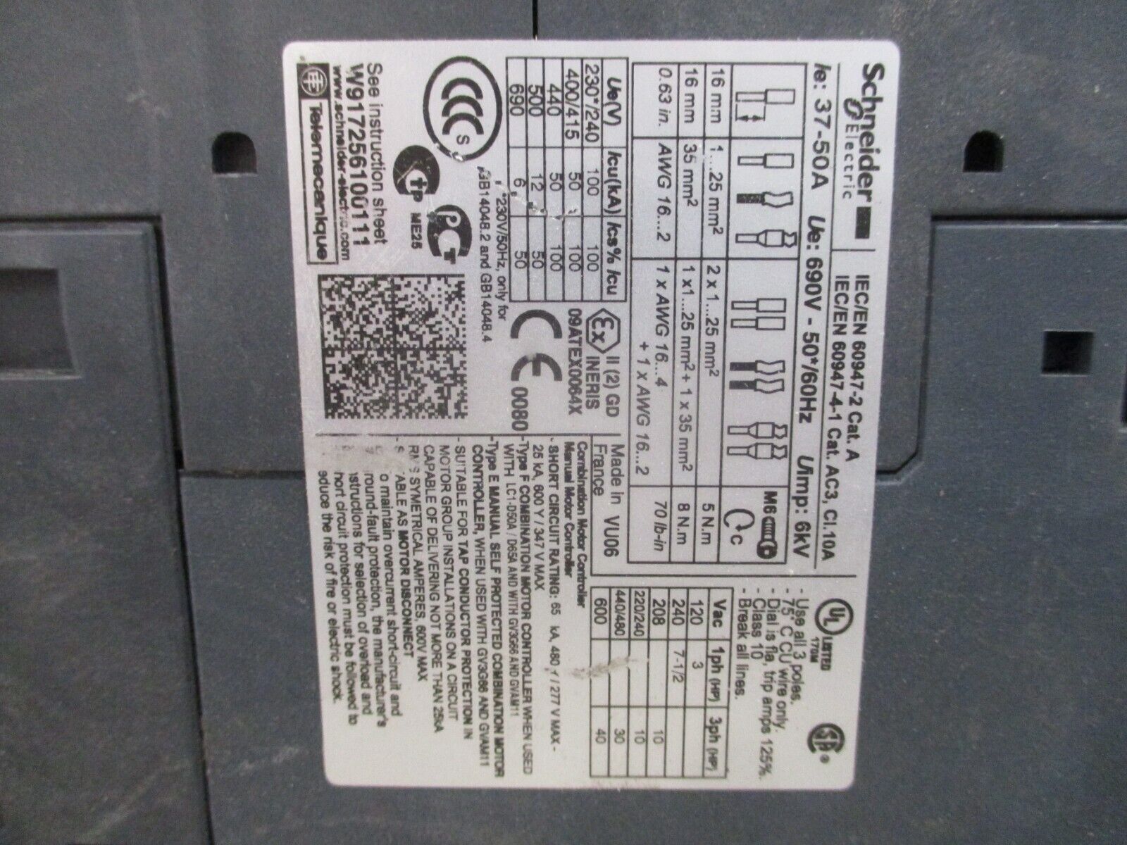 Schneider Electric Starter LC1D65A/GV3P 50 Trip : 37-50A 110-240V Coil Used