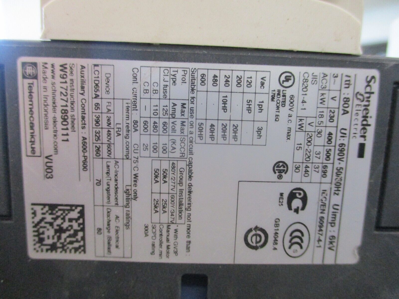 Schneider Electric Starter LC1D65A/GV3P 50 Trip : 37-50A 110-240V Coil Used