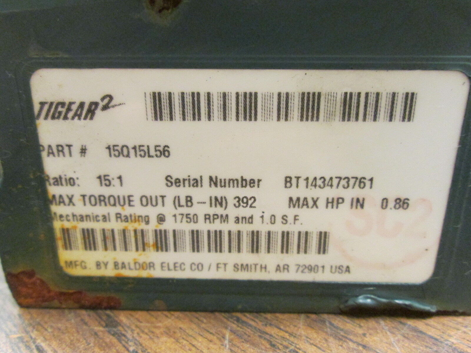 Dodge Tigear 2 Reducer 15Q15L56 Ratio 15:1 0.86HP In 392 In/Lb Torque Out Used