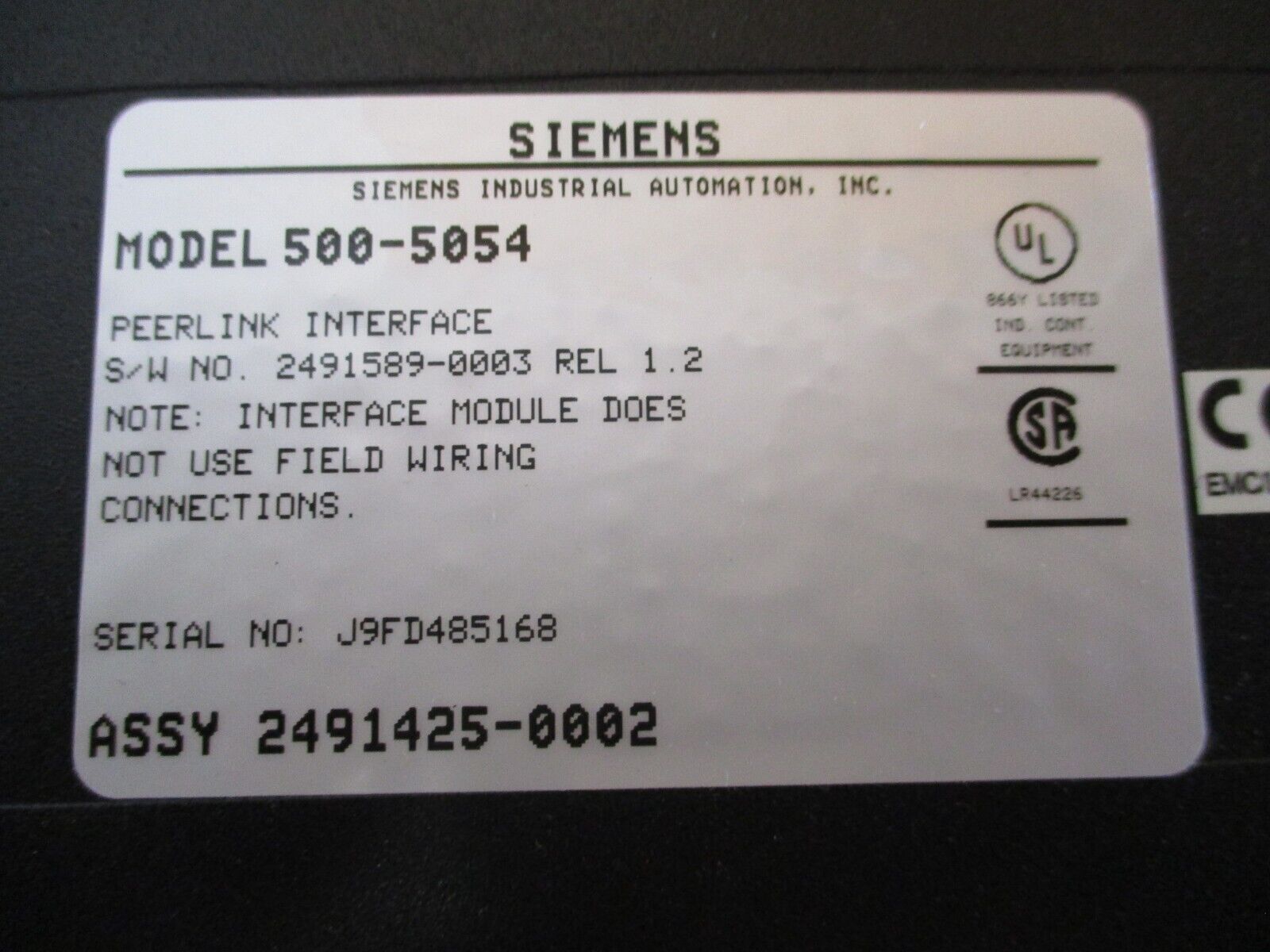 Siemens Peerlink Interface Module 500-5054 S/W: 2491589-0003 REL 1.2 Used